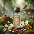 Perfume bottle with wooden cap in a forest setting