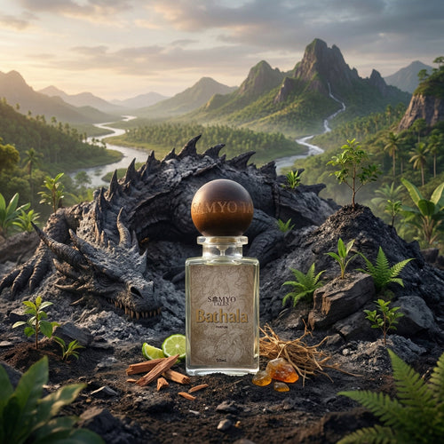 Perfume bottle labeled 'Bathala' on a rocky landscape with mountains and river in the background