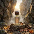 Perfume bottle on a rocky surface with a scenic background
