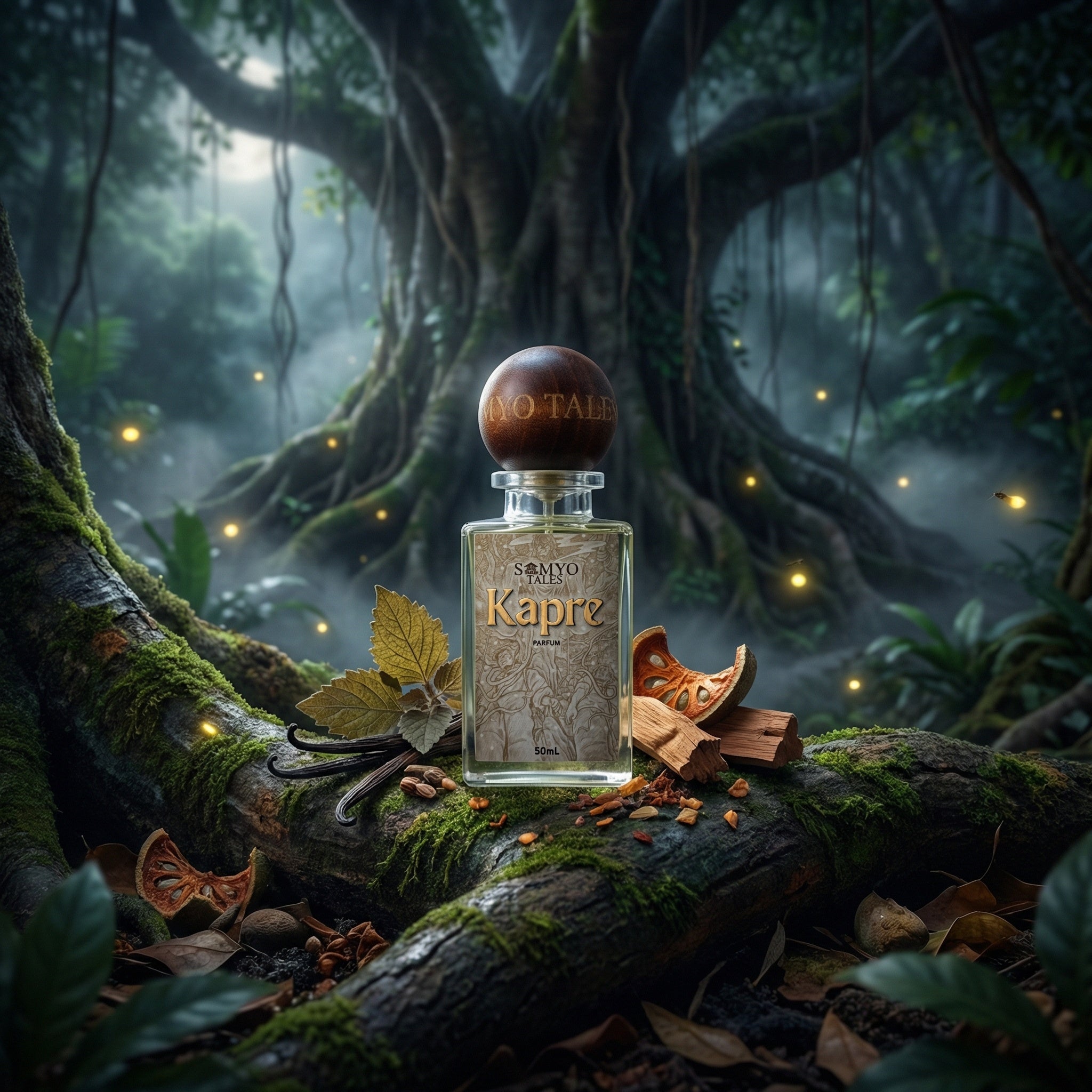 Perfume bottle labeled 'Kapre' in a mystical forest setting with glowing lights.