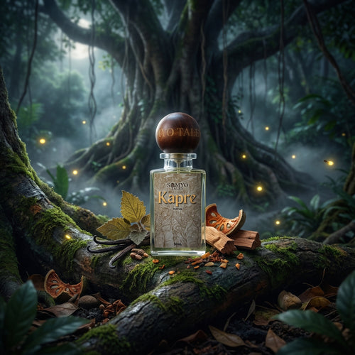 Perfume bottle labeled 'Kapre' in a mystical forest setting with glowing lights.