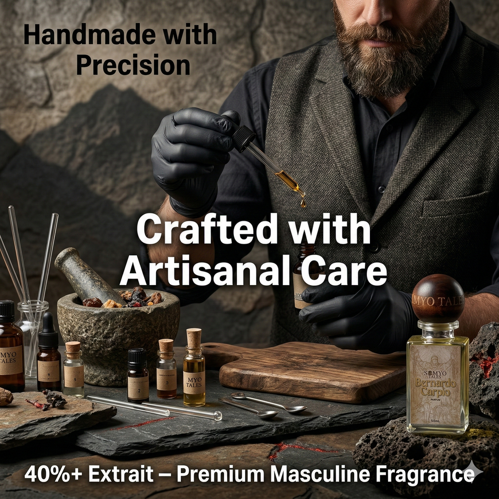 Man in a suit holding a bottle of perfume with text about artisanal care and premium fragrance.