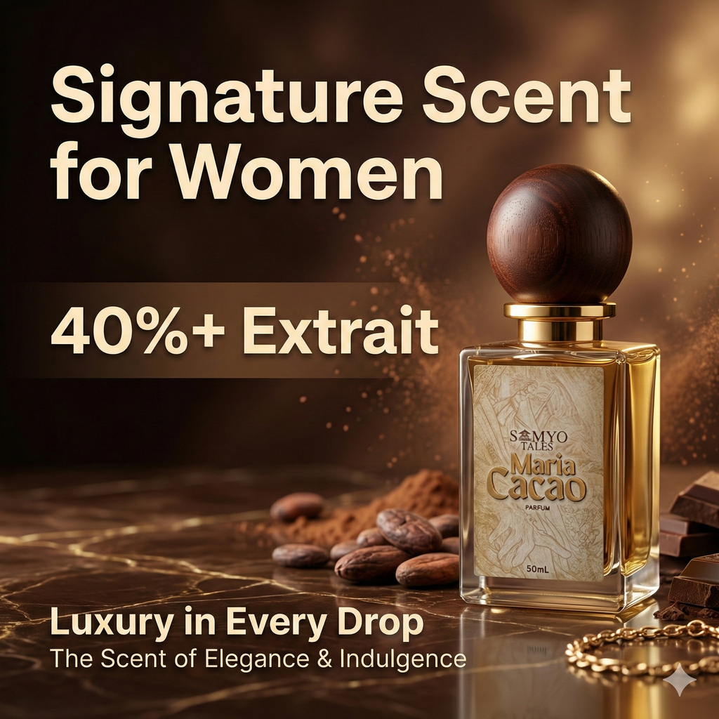 Perfume bottle labeled 'Maria Cacao' with text about a signature scent for women on a dark background.