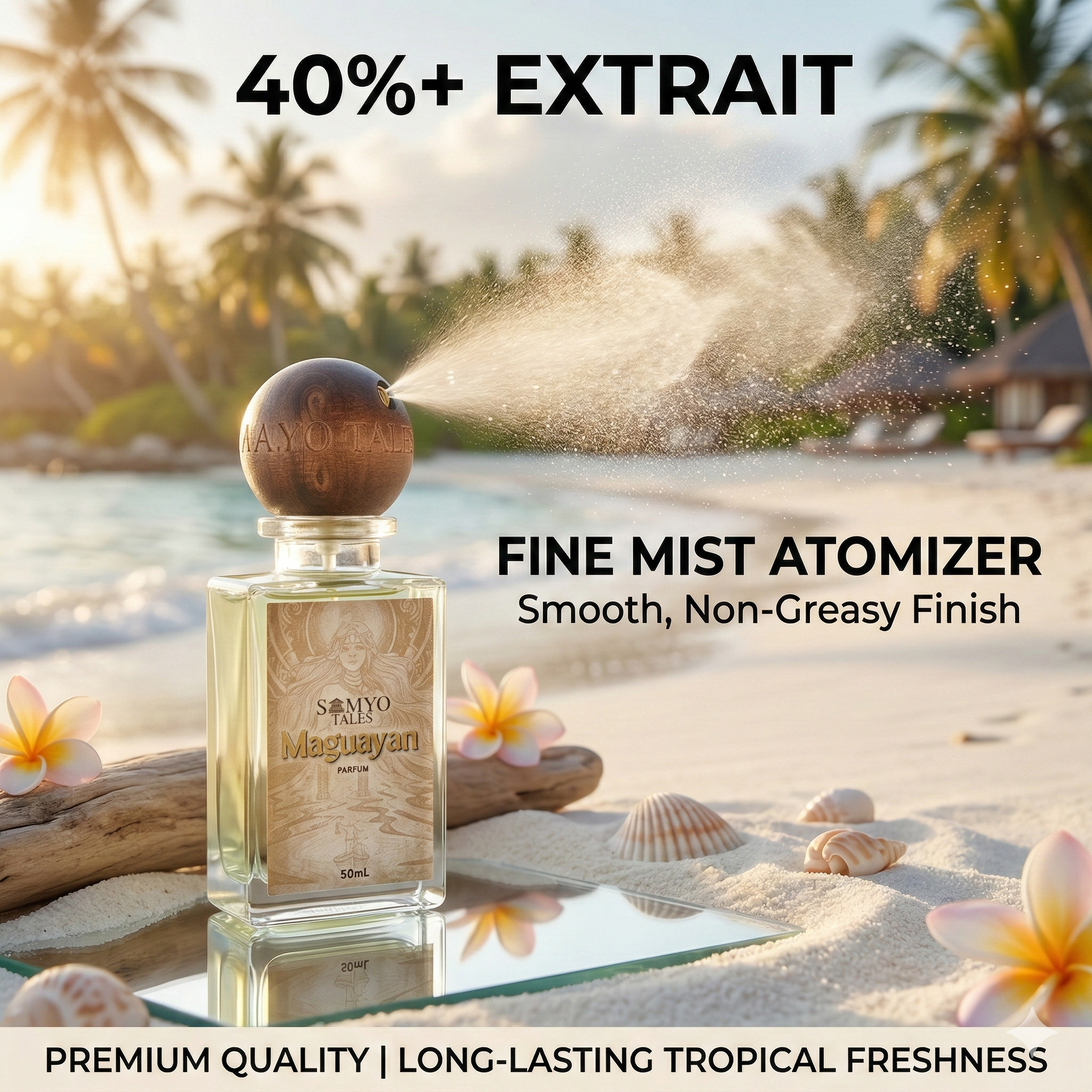 Perfume bottle with spray feature on a tropical beach background