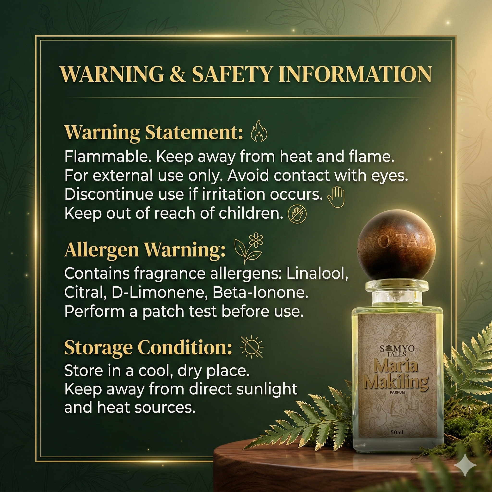 Warning and safety information for a perfume bottle labeled 'Maria Makiling' on a green background.
