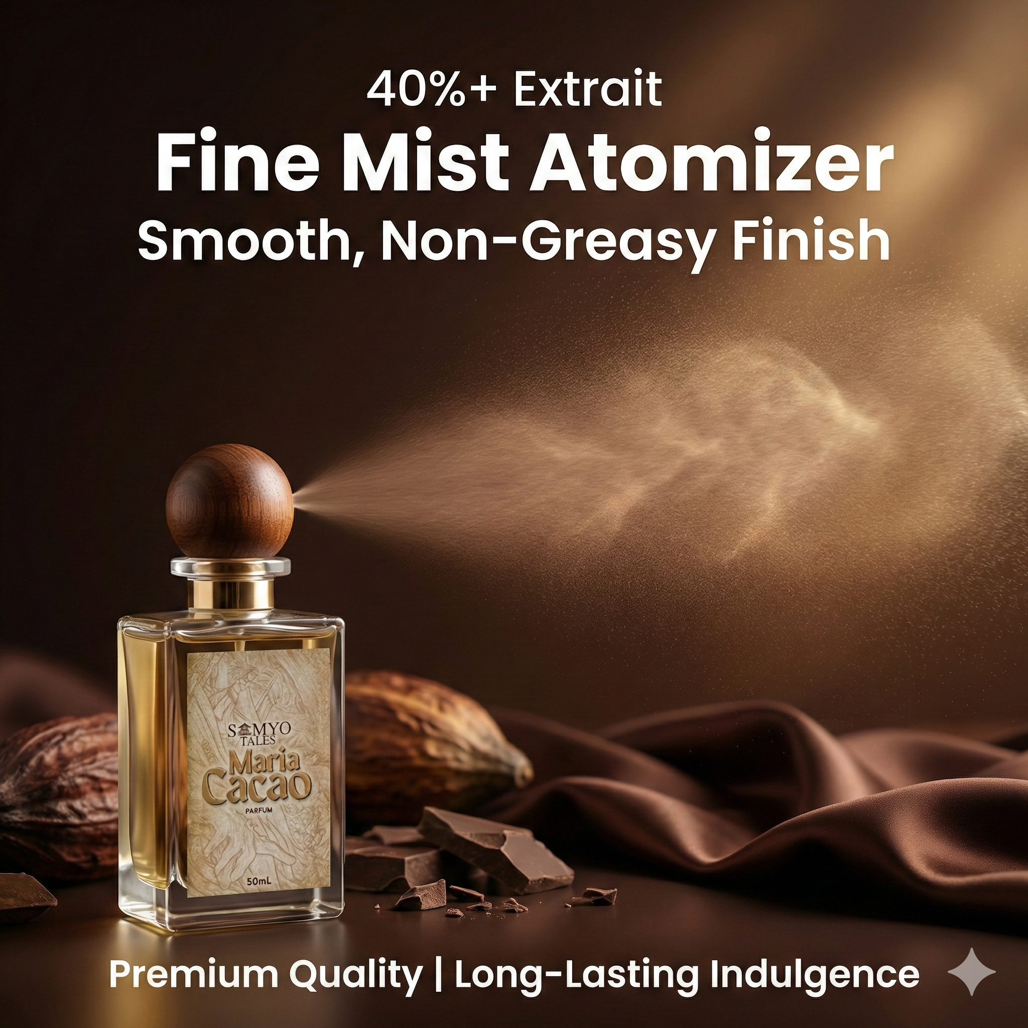 Perfume bottle with smoke effect and text about extract and finish