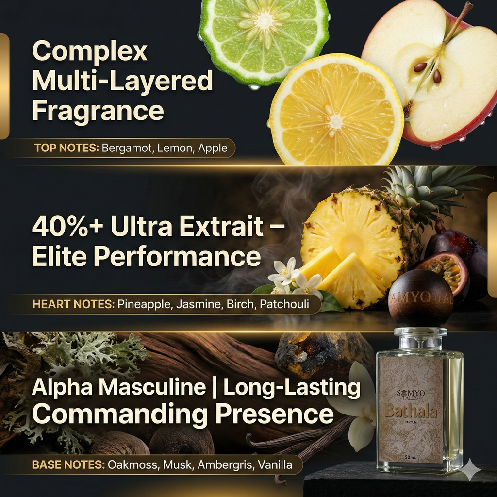 Advertisement for a fragrance with fruit and plant imagery, highlighting notes and performance.
