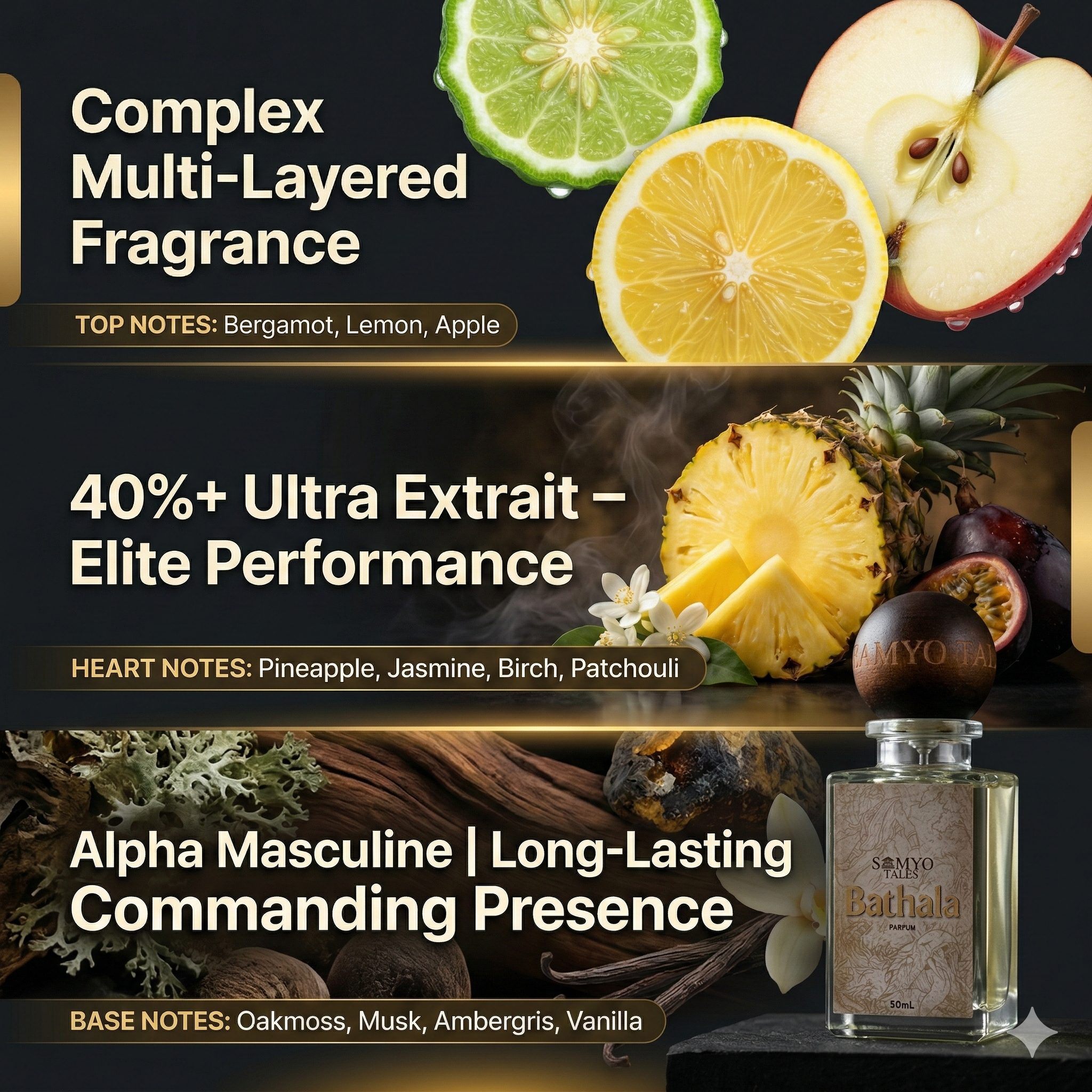 Advertisement for a fragrance with fruit and plant imagery, highlighting notes and performance.