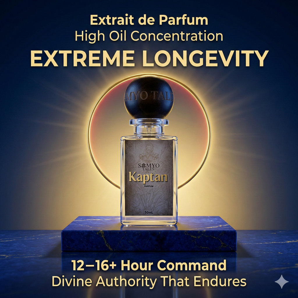 Kaptan perfume bottle on a blue platform with text about high oil concentration and longevity.