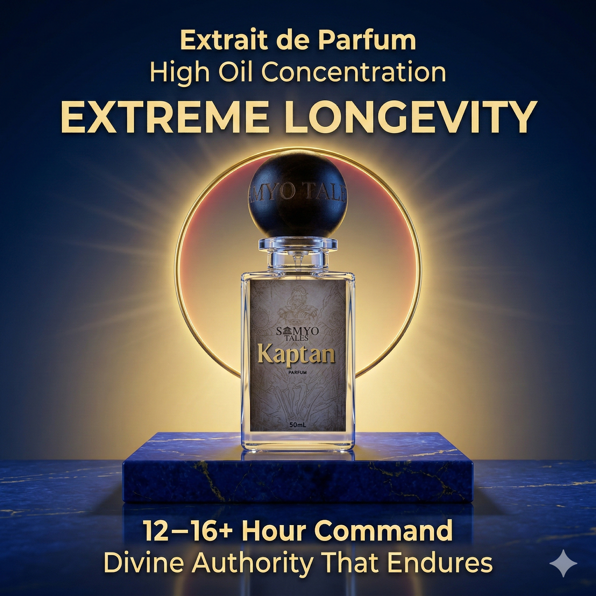 Kaptan perfume bottle on a blue platform with text about high oil concentration and longevity.
