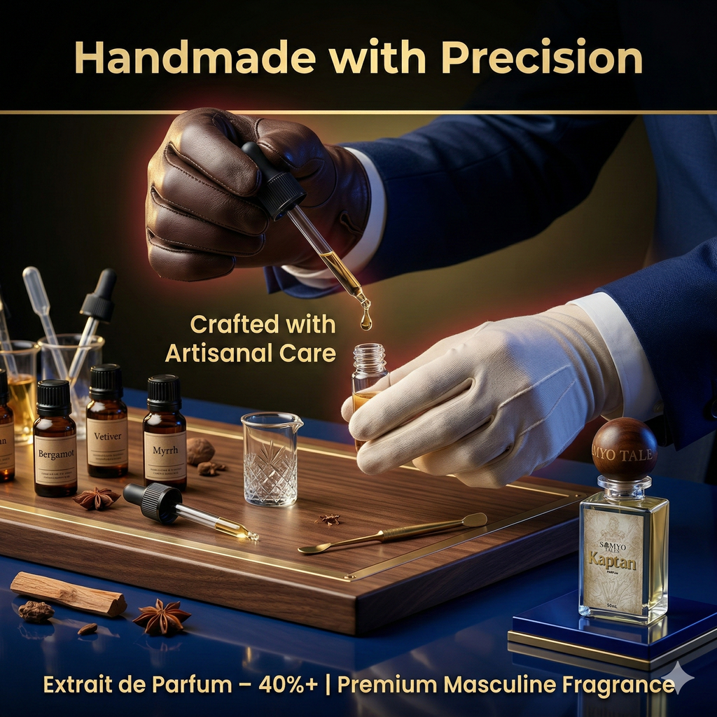 Person in a suit and white gloves carefully pouring a liquid into a small container on a wooden tray with various bottles and tools.
