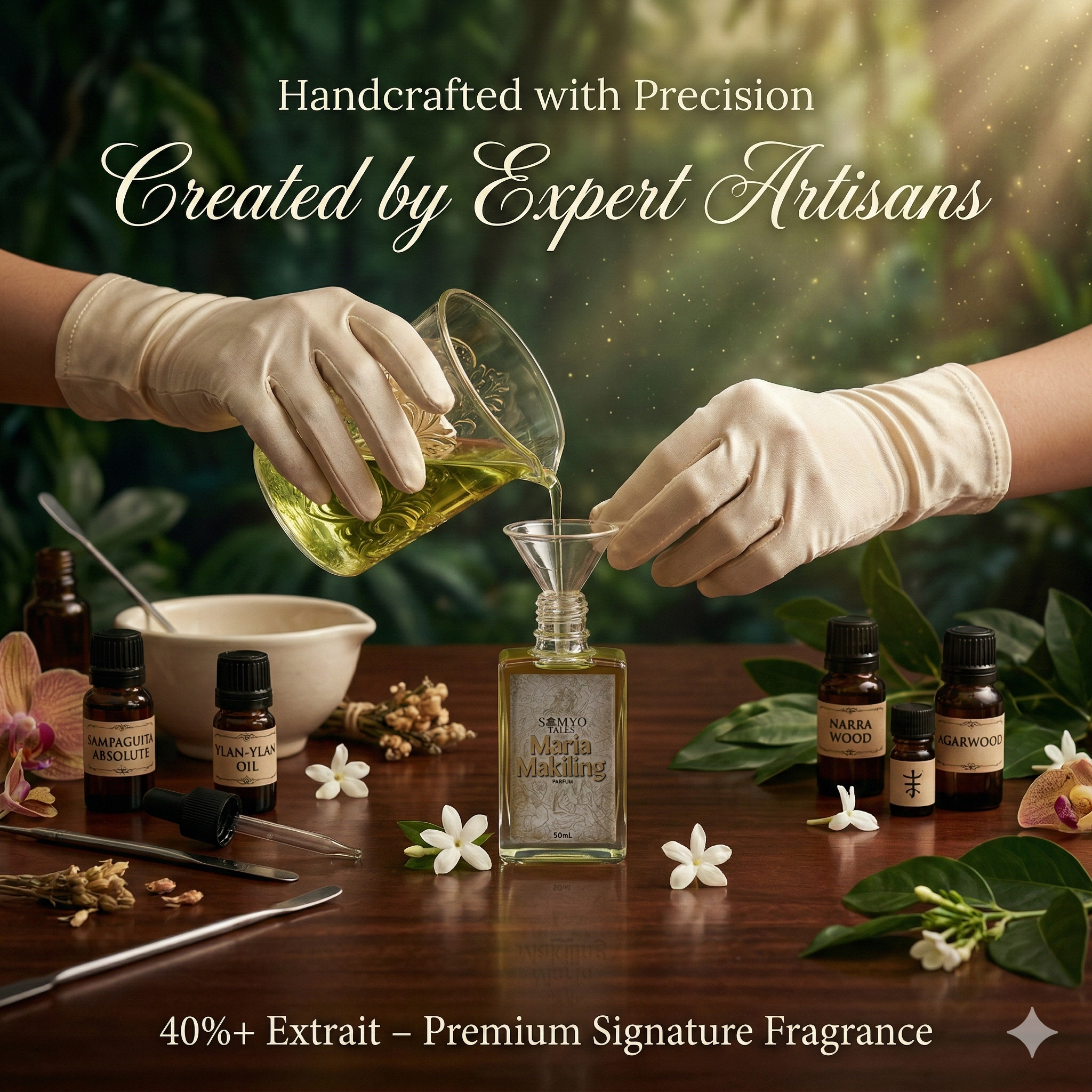 Two hands in gloves pouring a liquid into a bottle with text about expert artisans and premium fragrance.
