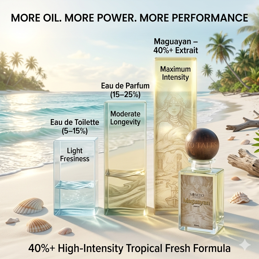 Perfume bottles with product information on a beach setting