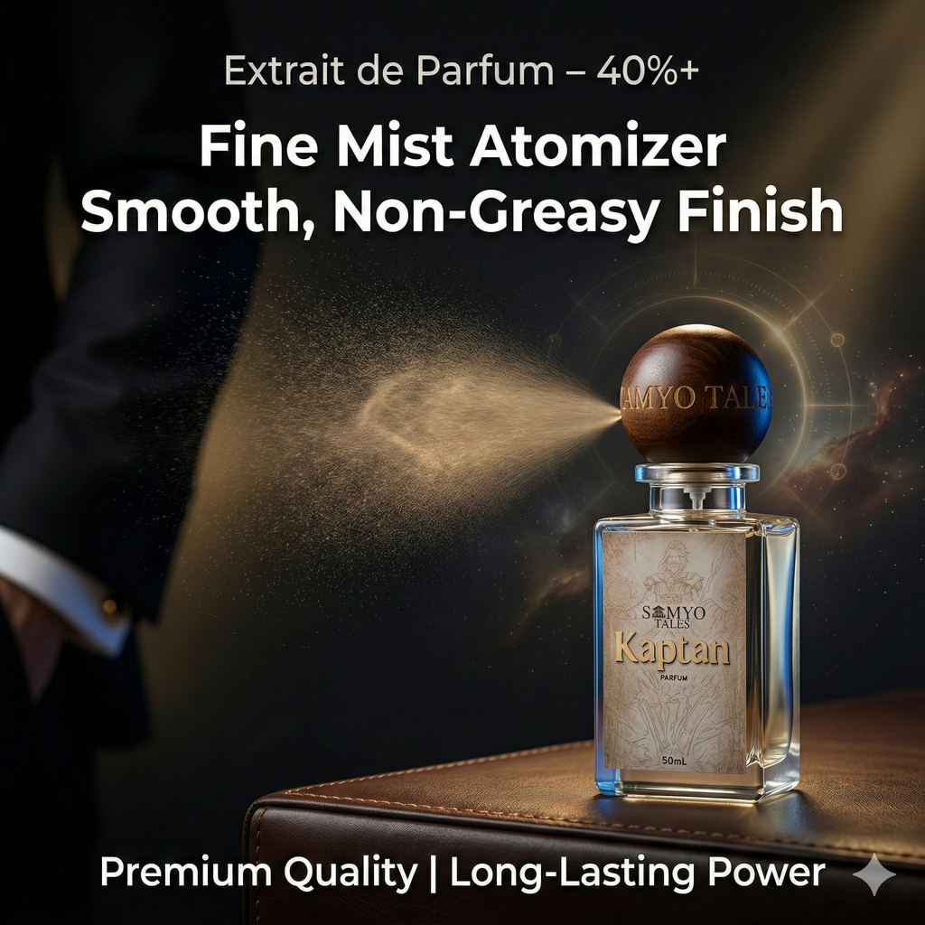 Perfume bottle with spray being released, labeled 'Extrait de Parfum' and 'Kaptan'.