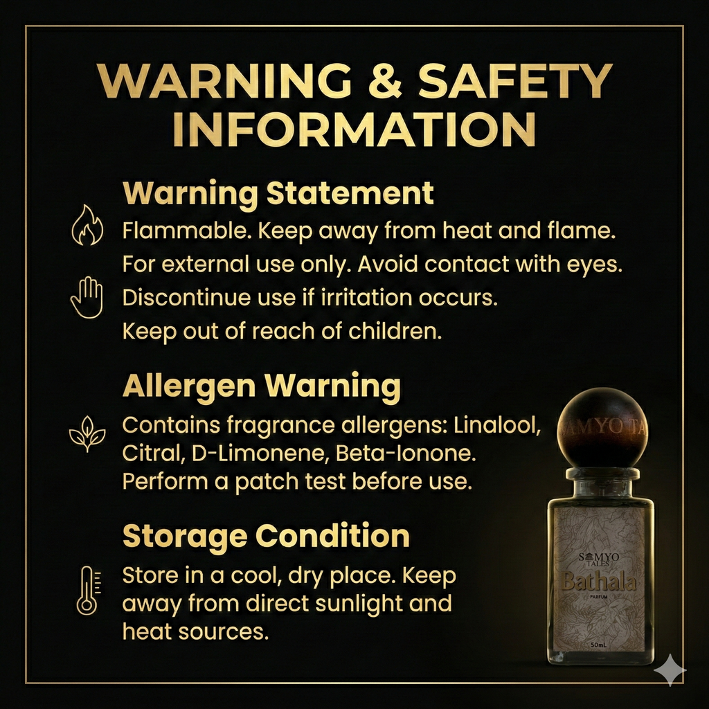 Warning and safety information for a product with a bottle illustration on a black background