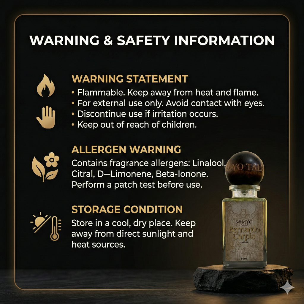 Warning and safety information for a product with a bottle on a dark background