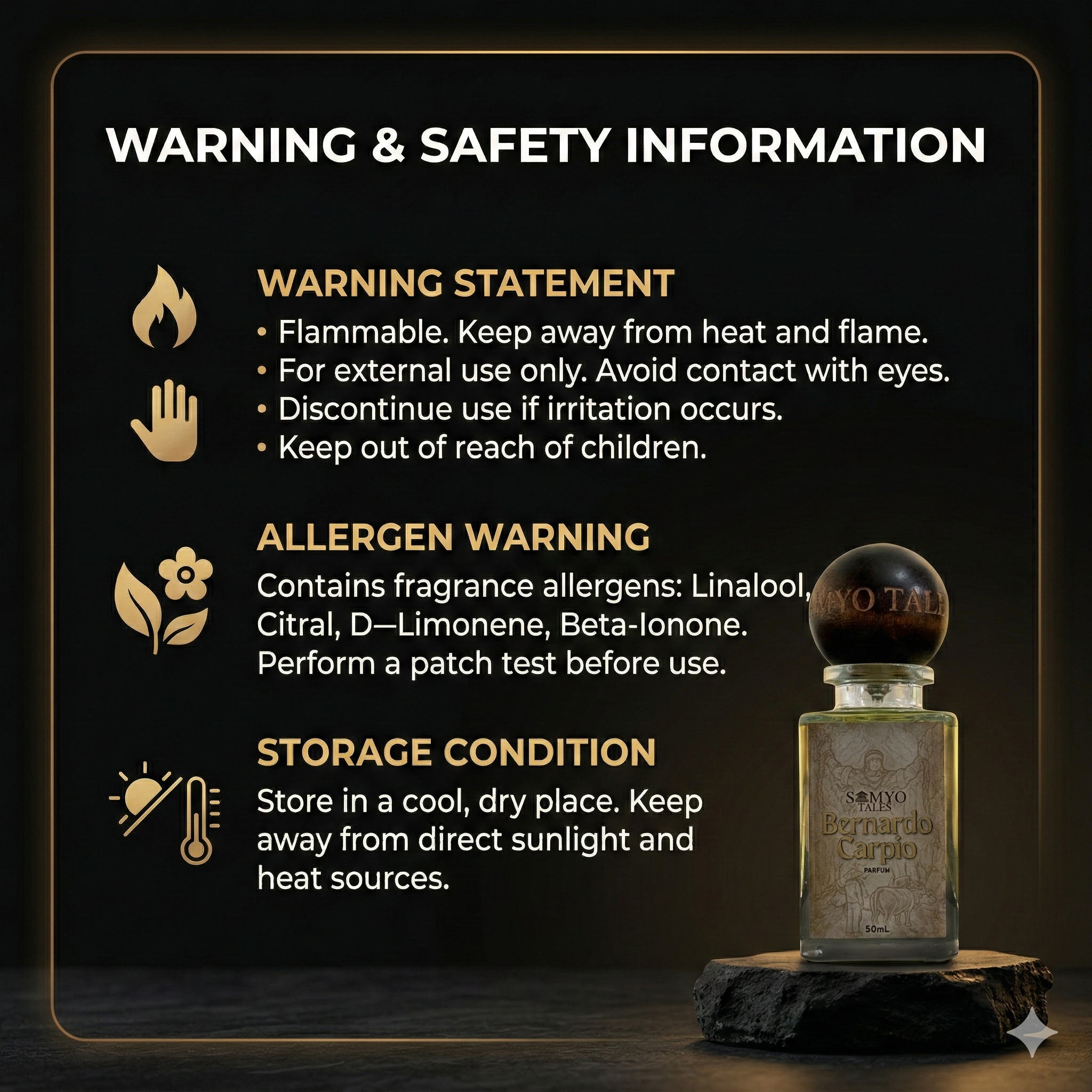 Warning and safety information for a product with a bottle on a dark background
