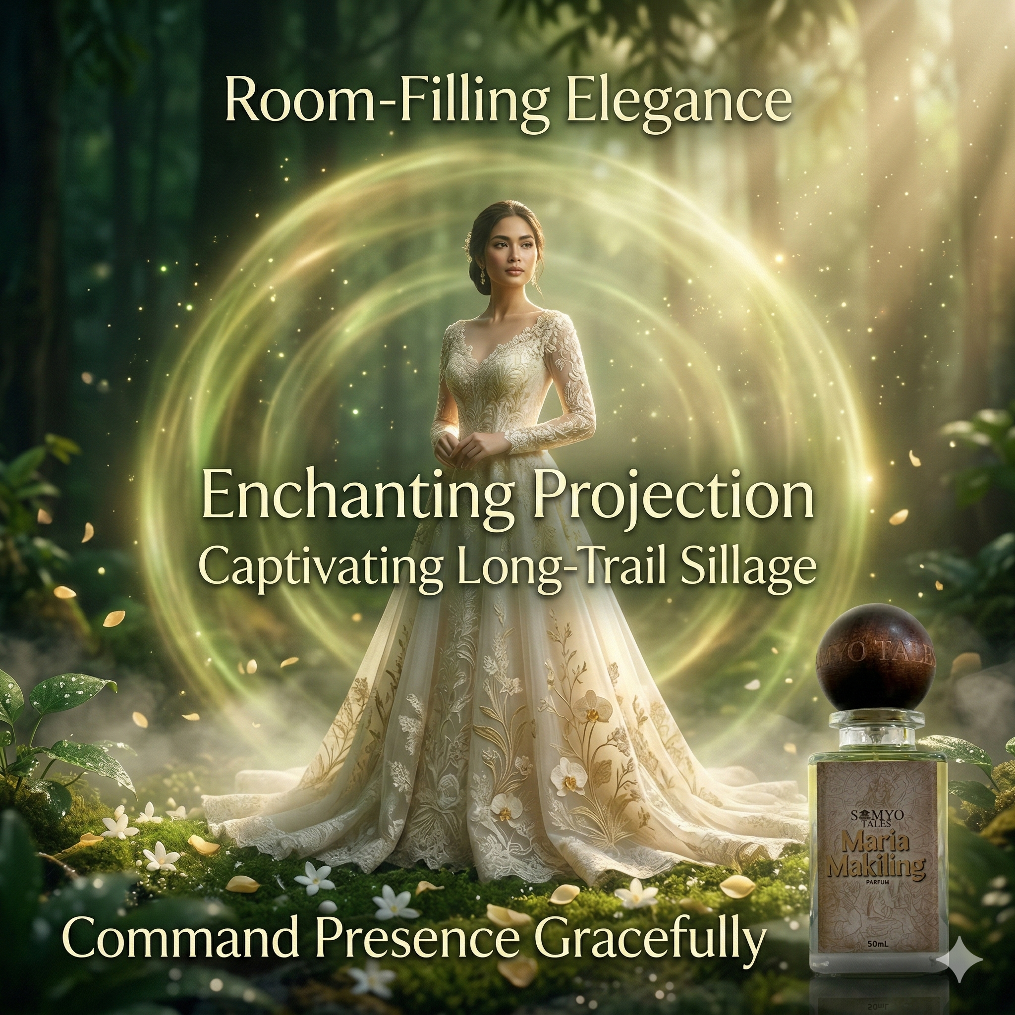 Woman in a white dress standing in a mystical forest with a glowing projection, surrounded by nature elements.