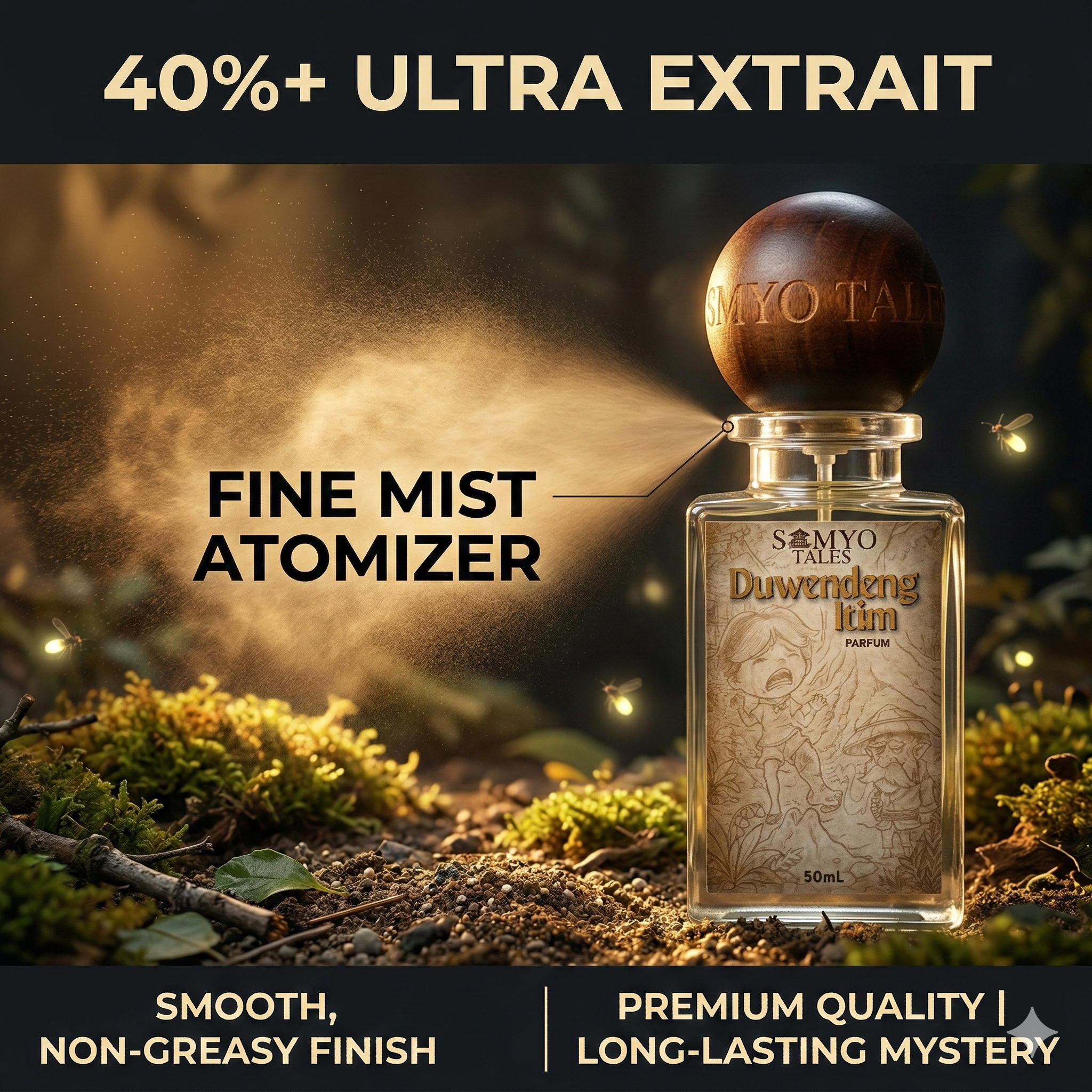 Perfume bottle with wooden cap on a natural background, featuring text about product features.