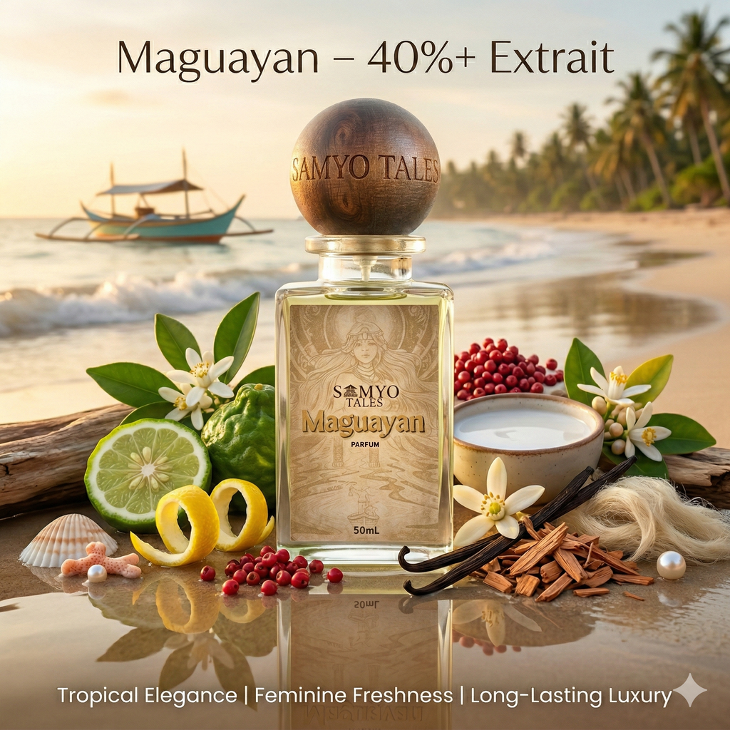 Perfume bottle with natural elements on a beach setting, featuring 'Samyo Tales' brand.