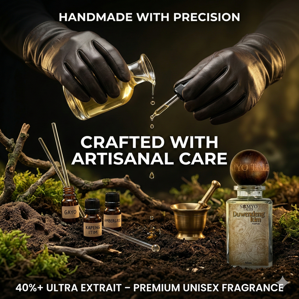 Hands in black gloves pouring a liquid into a bottle with text about artisanal care and premium fragrance.