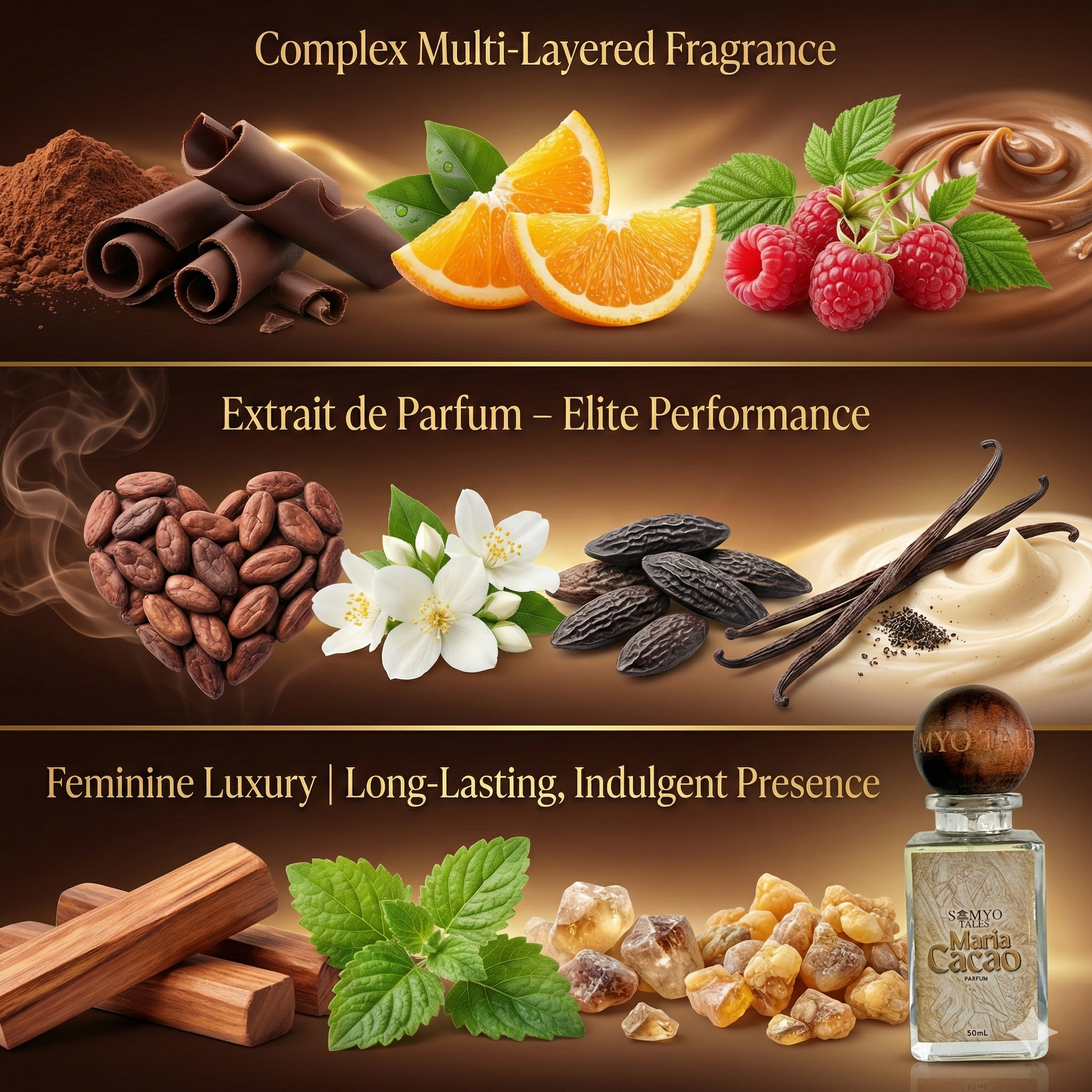 Collage of ingredients and a perfume bottle with text describing fragrance complexity and performance.