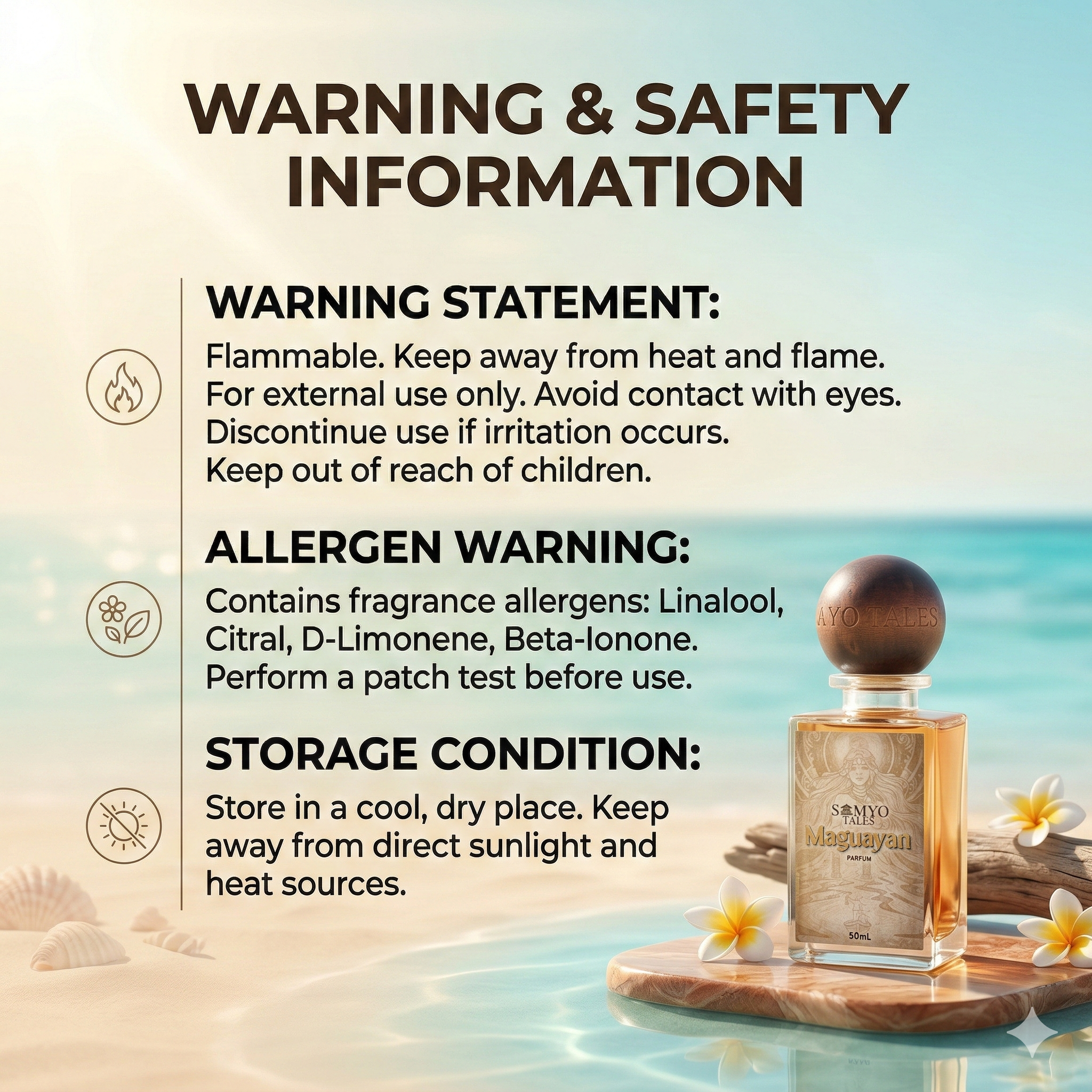 Warning and safety information for a fragrance product with a bottle on a beach background.