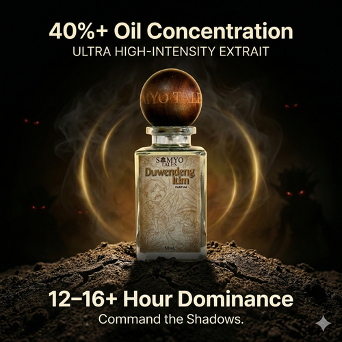 Bottle of Somyo Tales Durwendeng Ilum with dark background and text about oil concentration and effects.