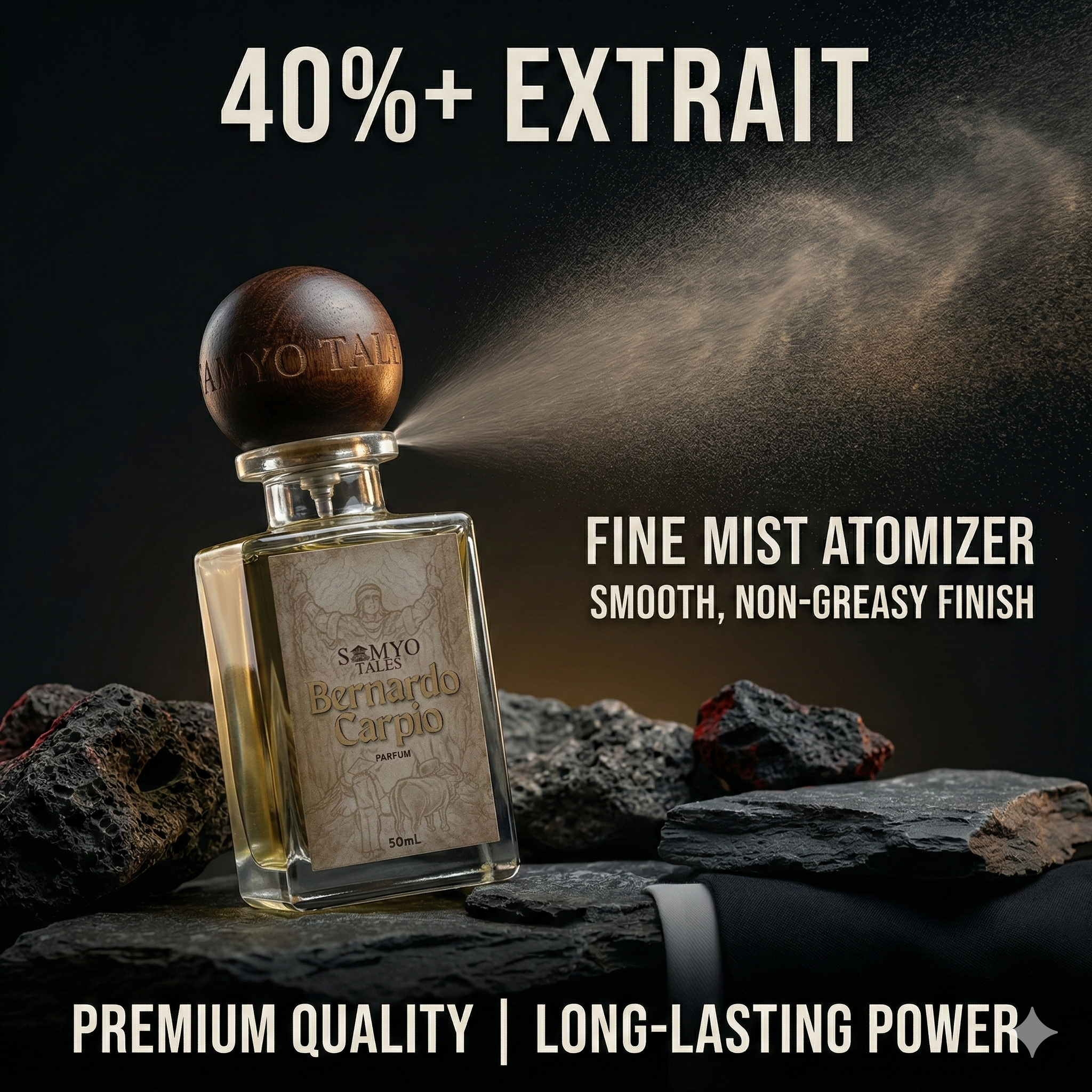 Perfume bottle with atomizer spray on rocks against a dark background