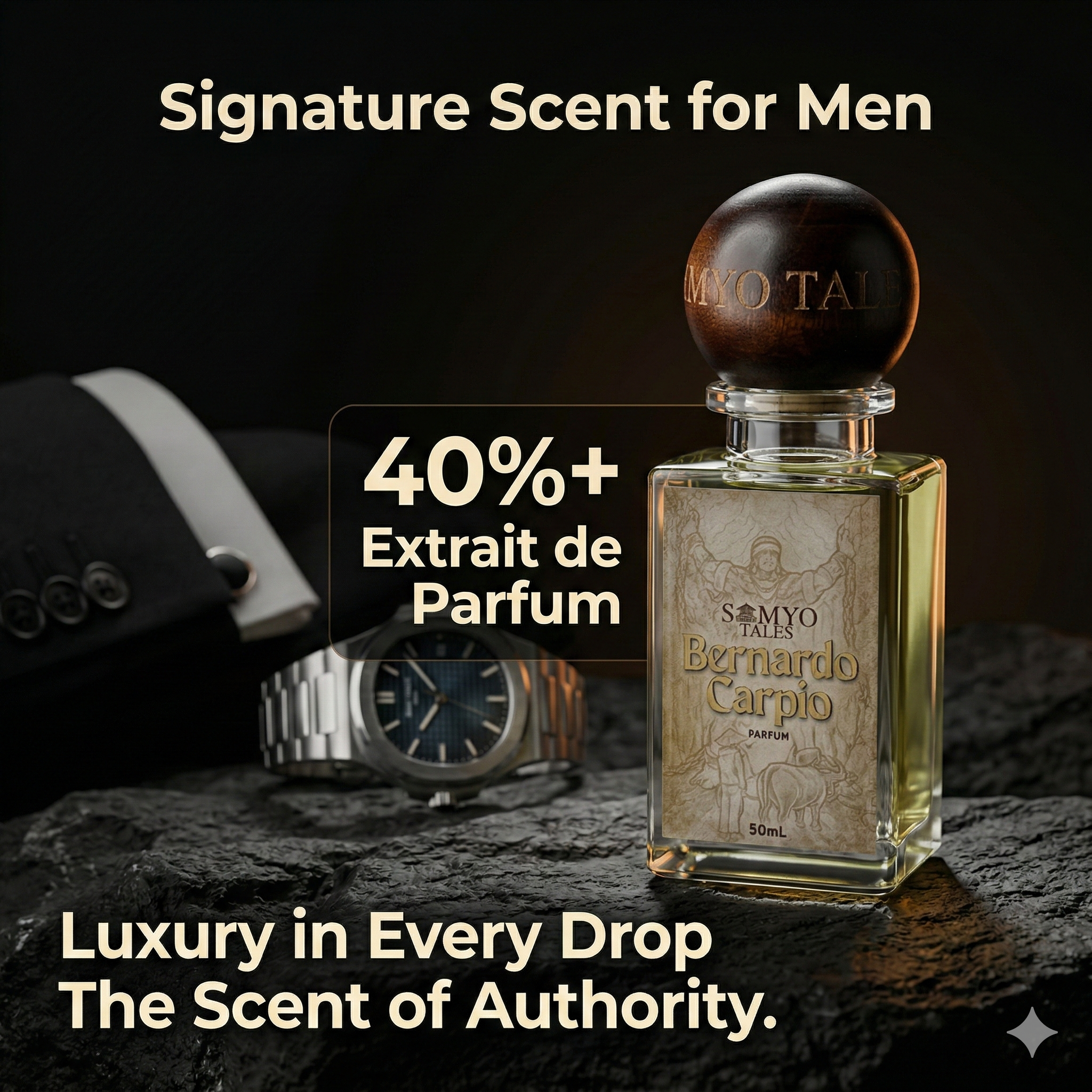 Perfume bottle with watch and wallet on dark background, promoting 'Signature Scent for Men'.