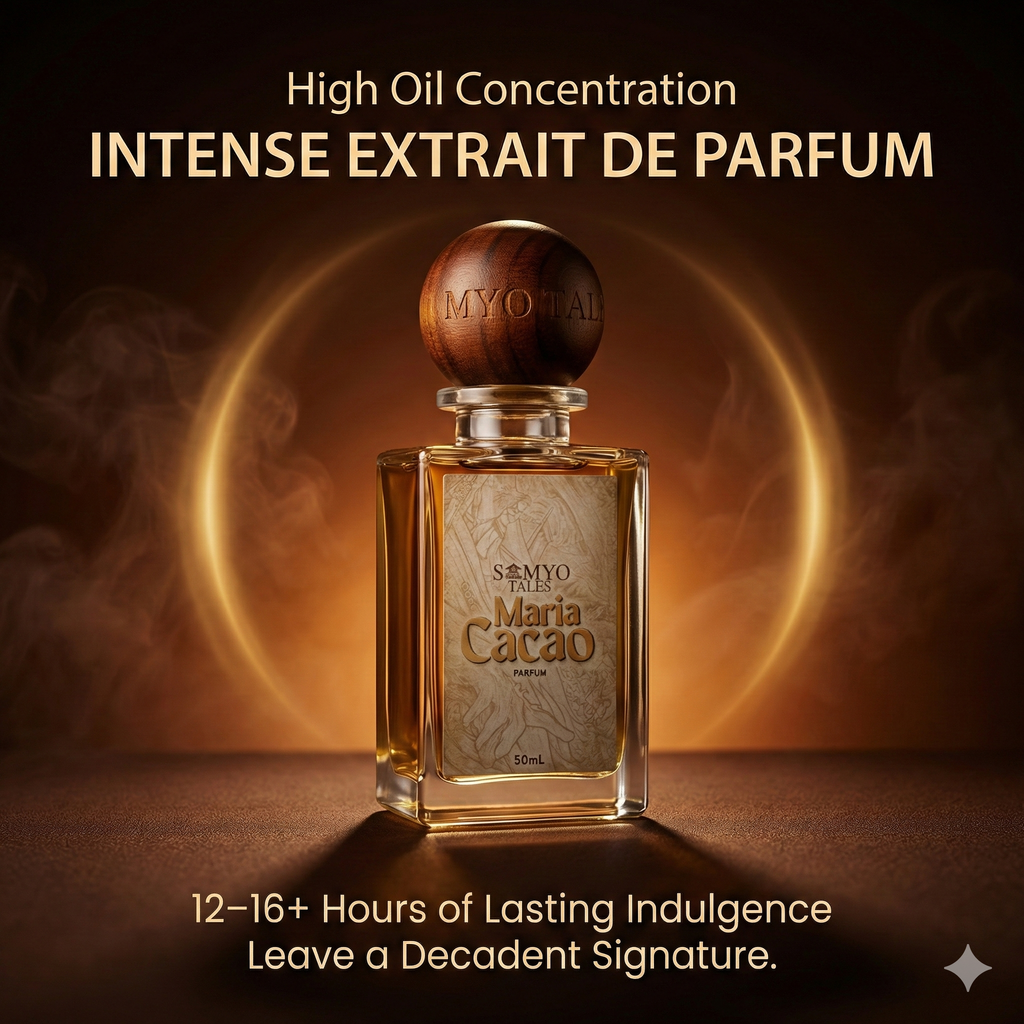 Perfume bottle labeled 'Maria Cacao' with wooden cap on a dark background