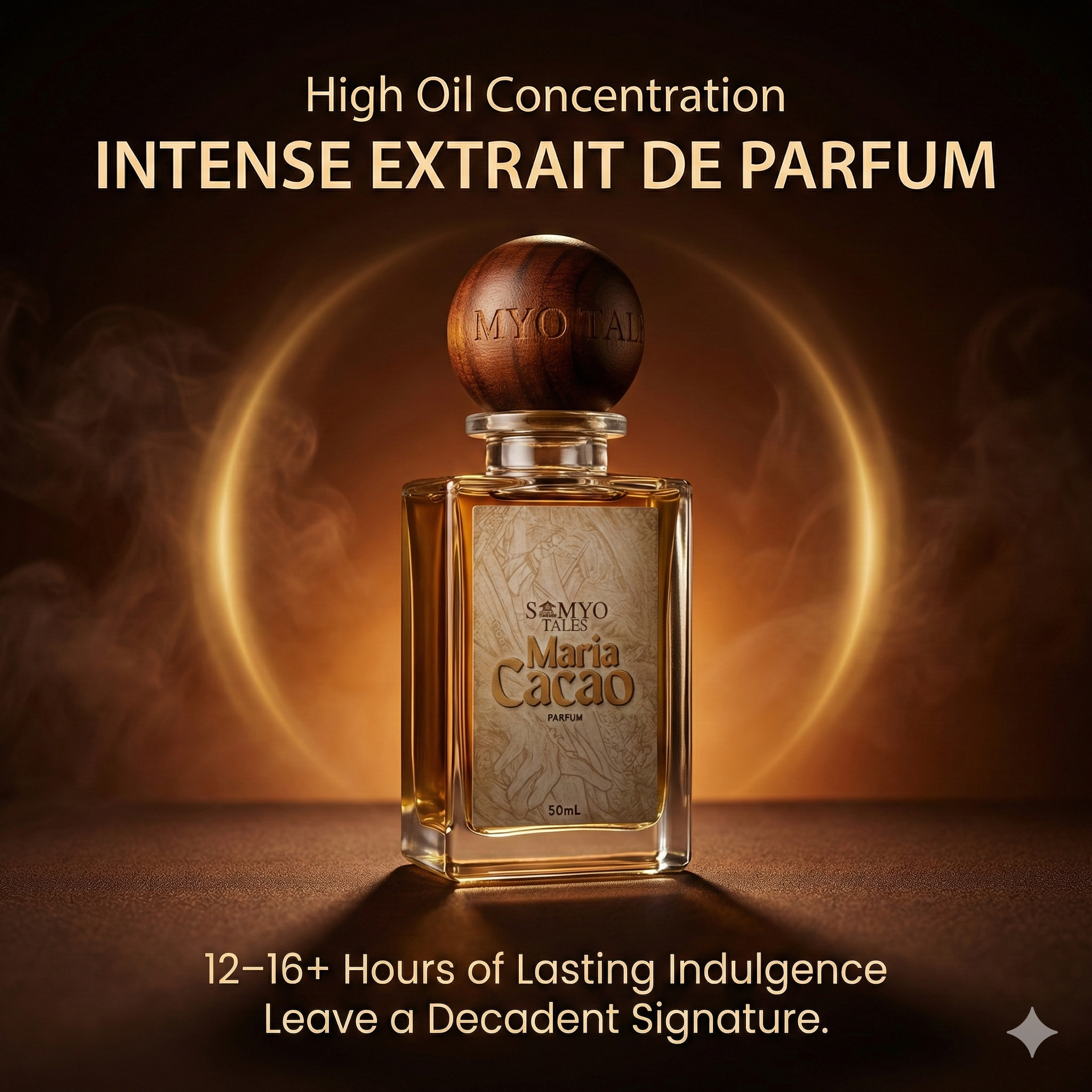 Perfume bottle labeled 'Maria Cacao' with wooden cap on a dark background