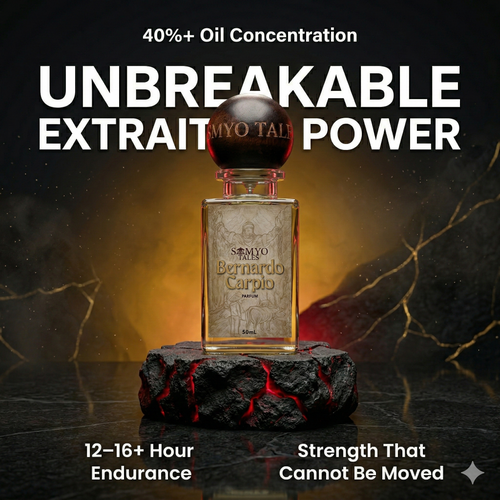 Perfume bottle labeled 'Unbreakable Extrait Power' with dark background and text about oil concentration and endurance.