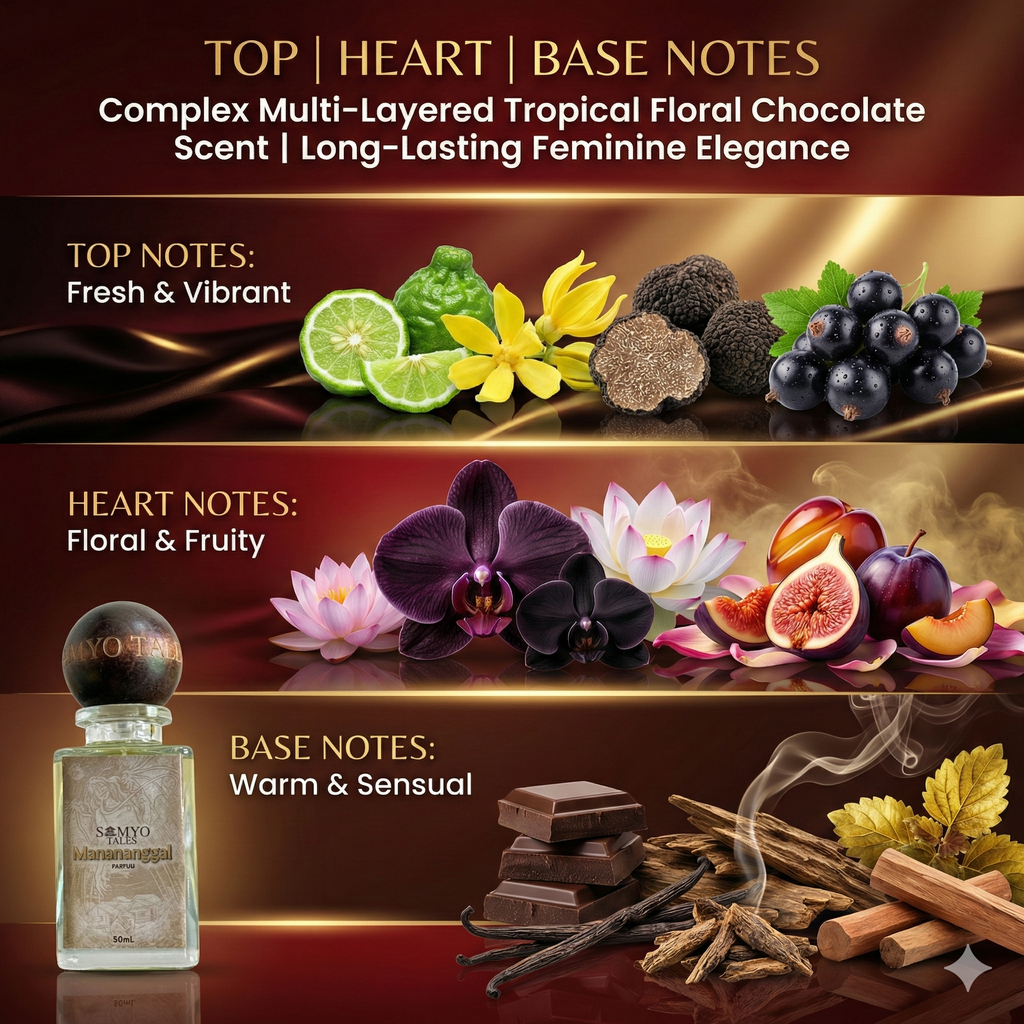 Perfume bottle with floral and fruit elements and text describing fragrance notes on a dark background