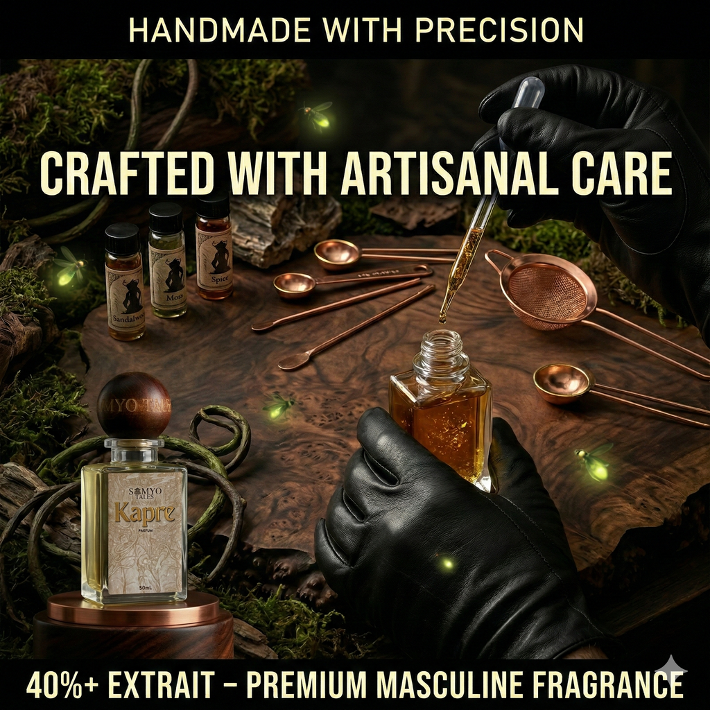 Handmade perfume bottles with artistic presentation and text about artisanal care and premium fragrance.
