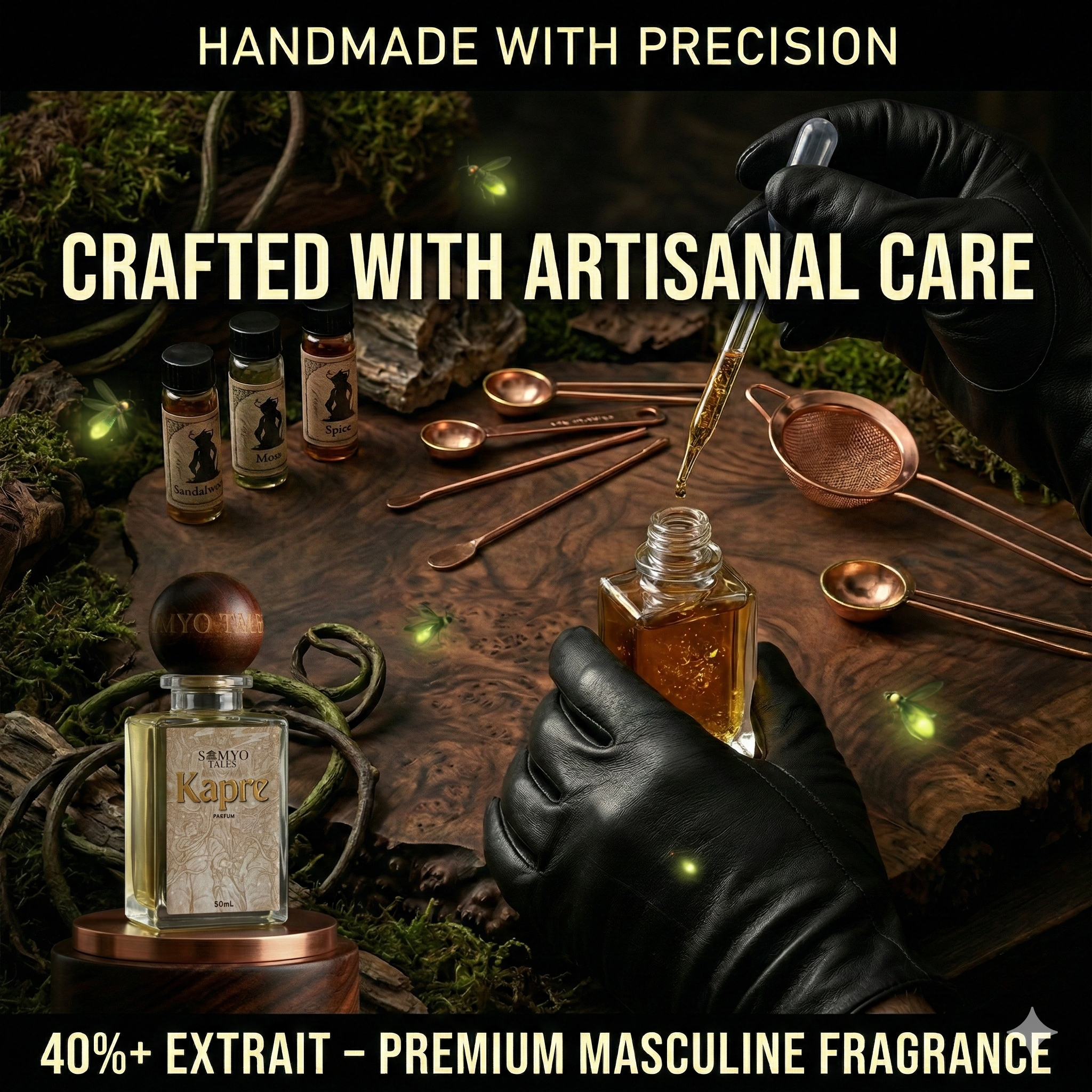 Handmade perfume bottles with artistic presentation and text about artisanal care and premium fragrance.