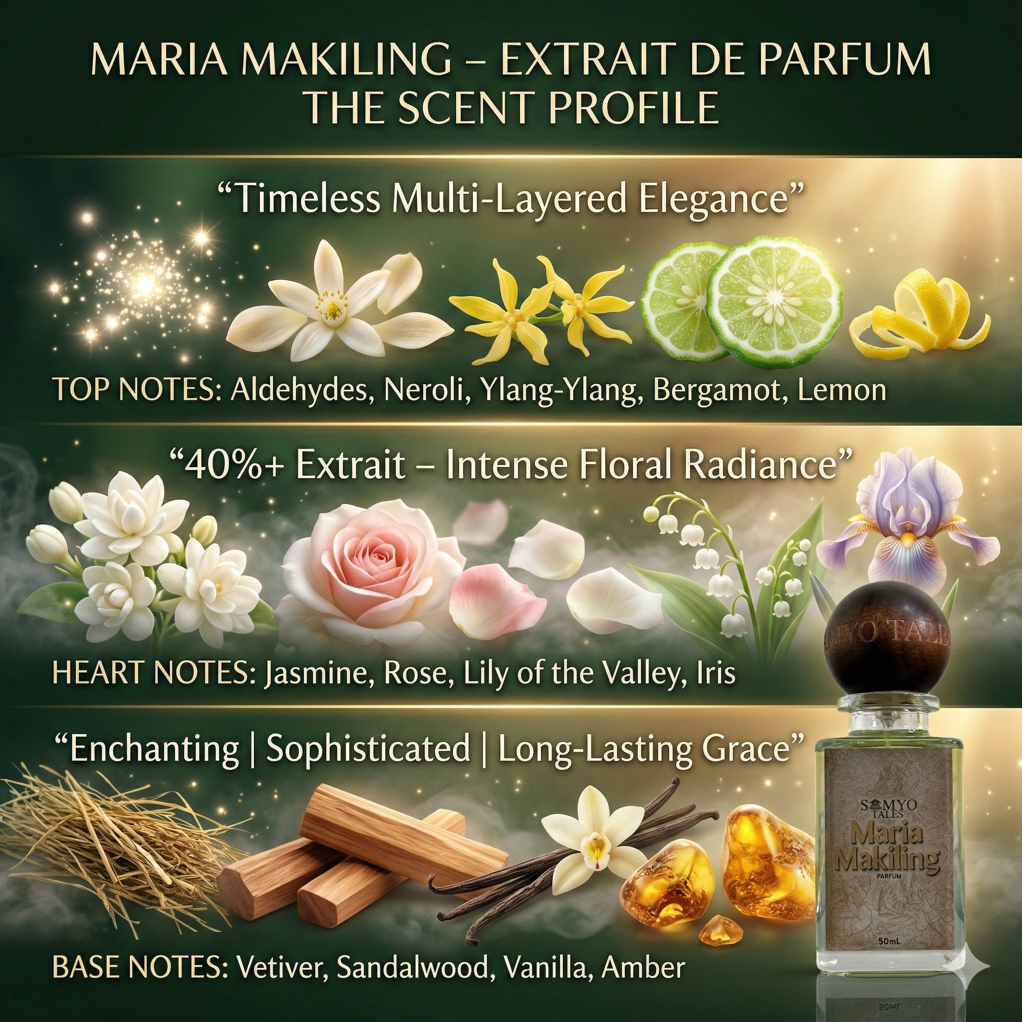 Scent profile of Maria Makiling extract de parfum with floral elements and a bottle.