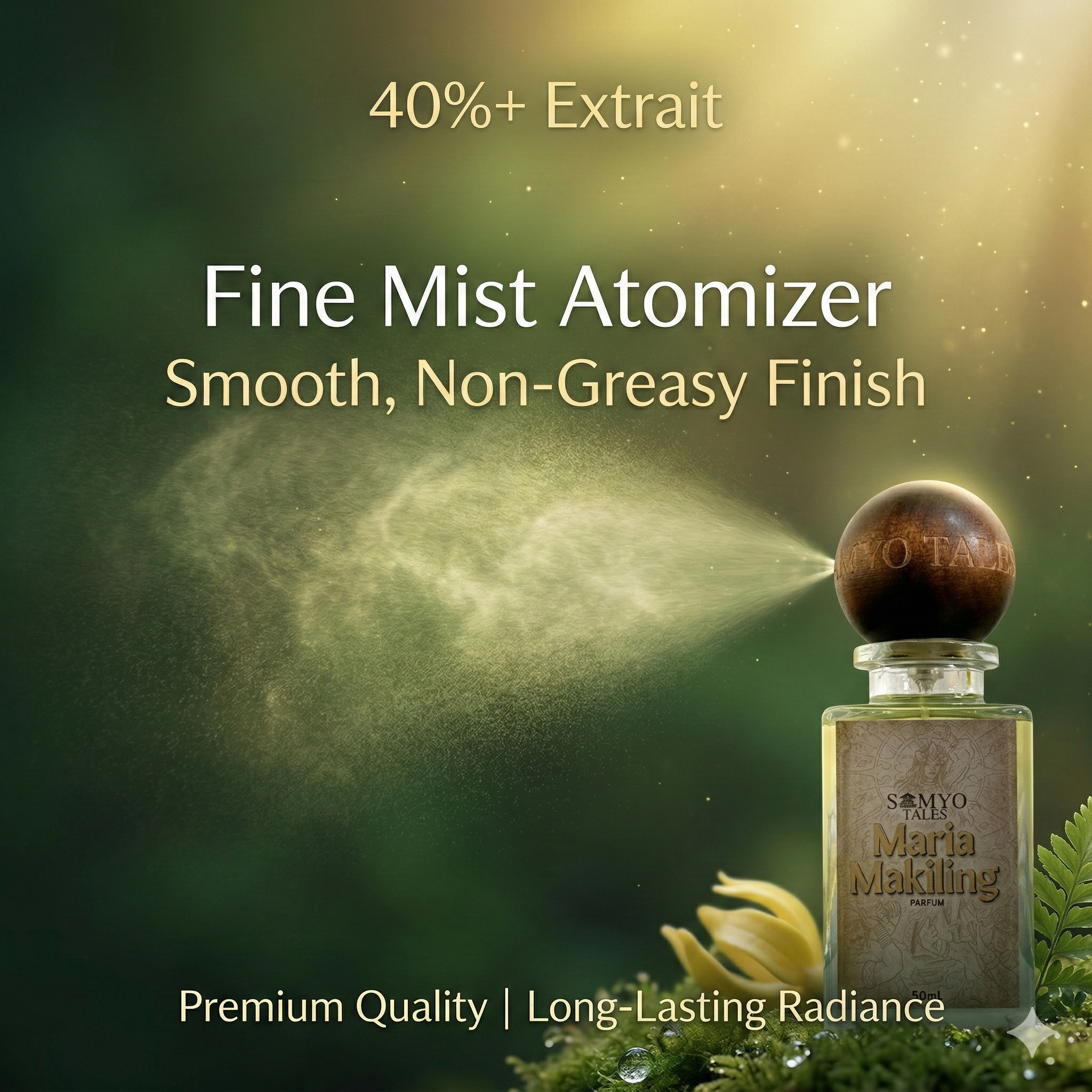 Fine mist atomizer with brand name on a green background