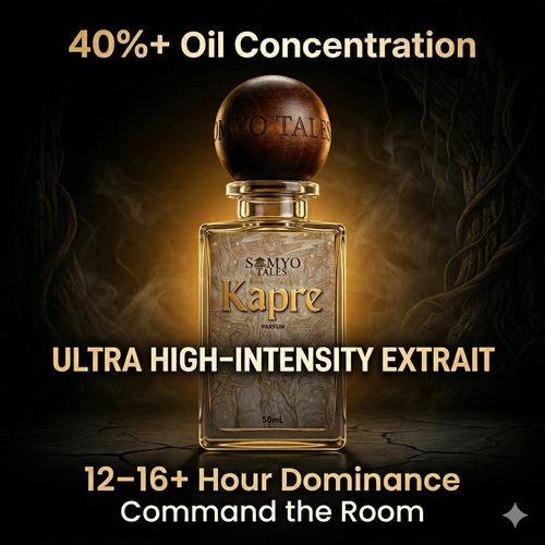 Kapre perfume bottle with text about oil concentration and effects on a dark background