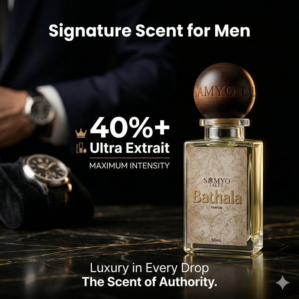 Perfume bottle with wooden cap on a dark surface, text about ultra extract and luxury.