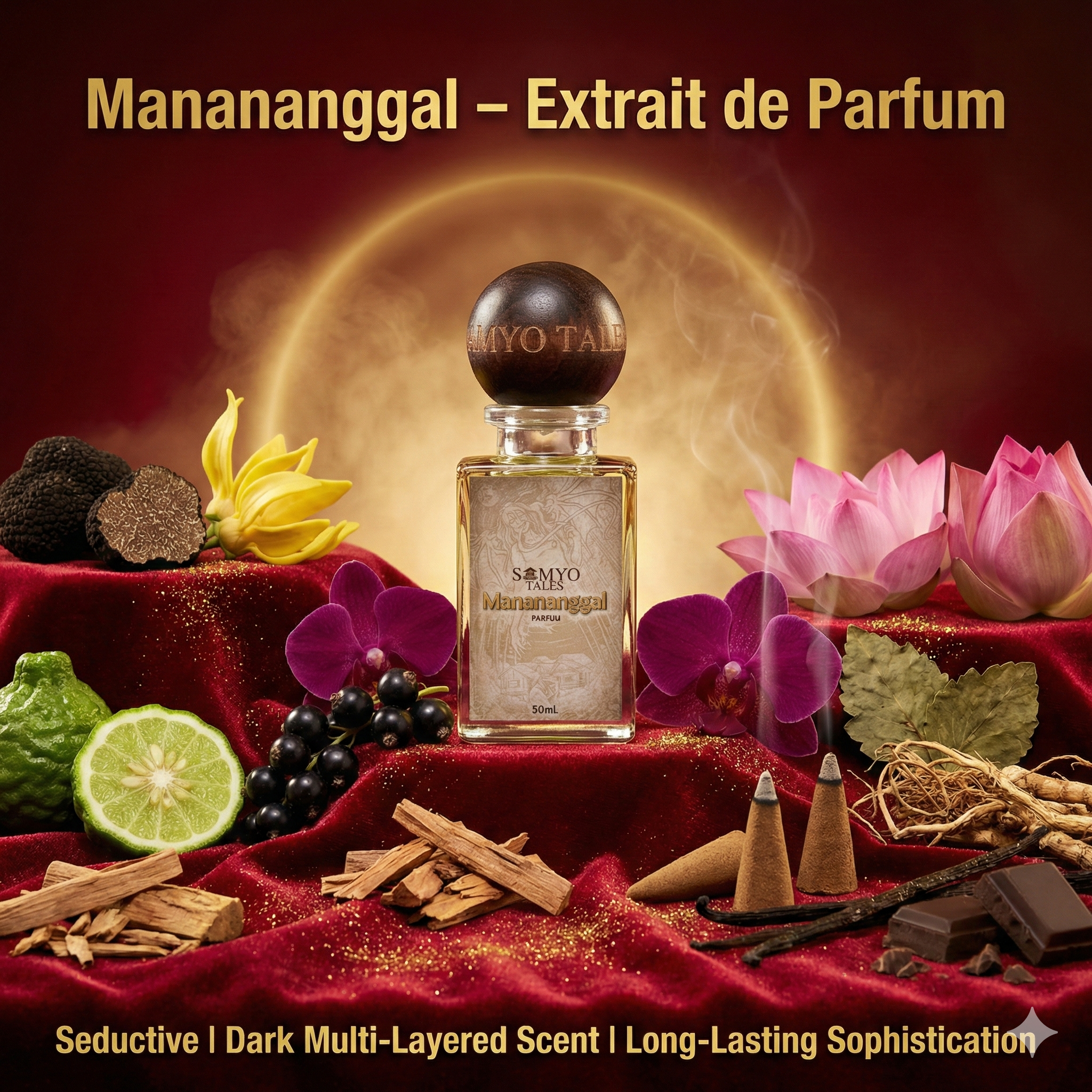 Perfume bottle labeled 'Mananangal' with flowers, fruits, and incense on a red fabric background.