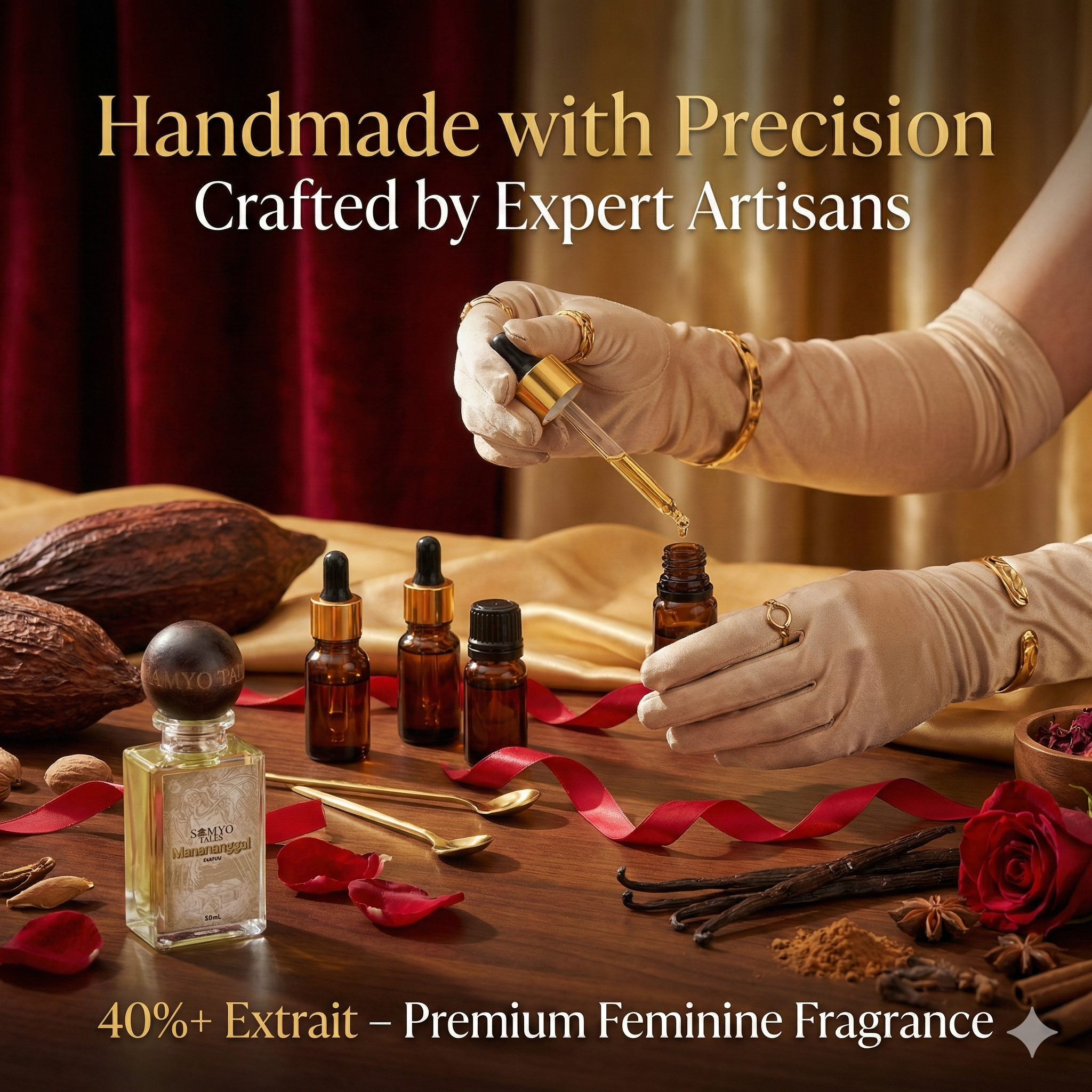 Person in white gloves carefully pouring liquid into a bottle with text about handmade precision and expert artisans.