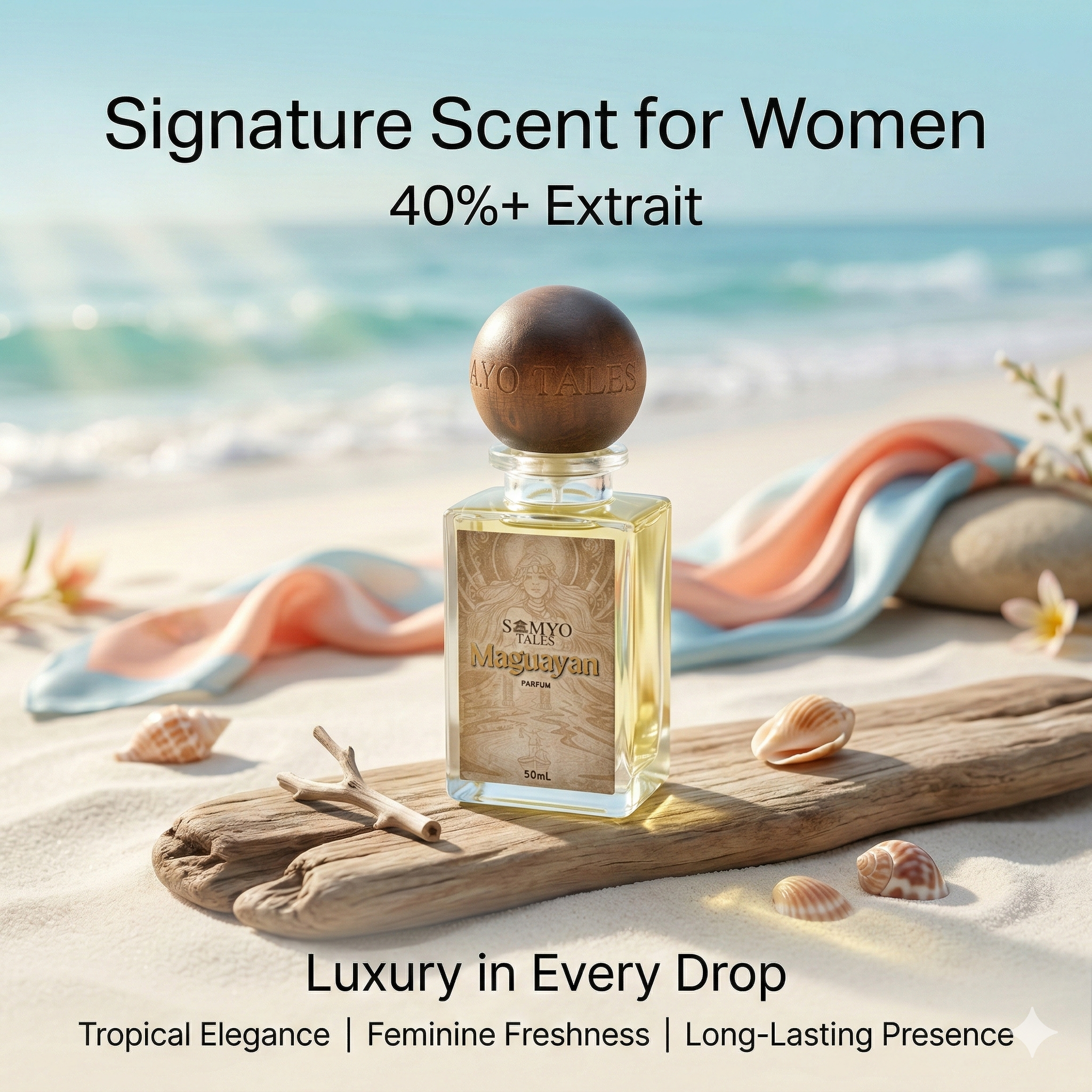 Perfume bottle on a beach with sand, shells, and a towel in the background