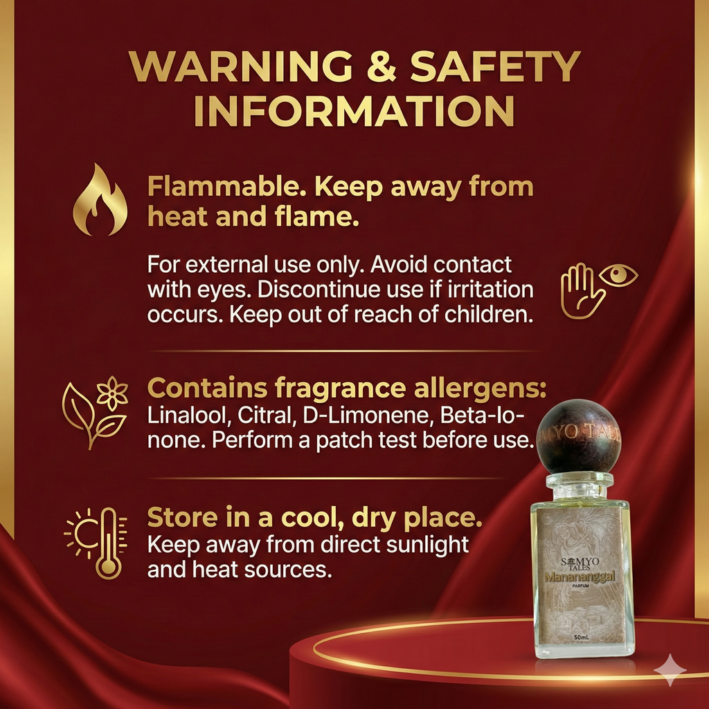 Warning and safety information for a perfume bottle on a red background