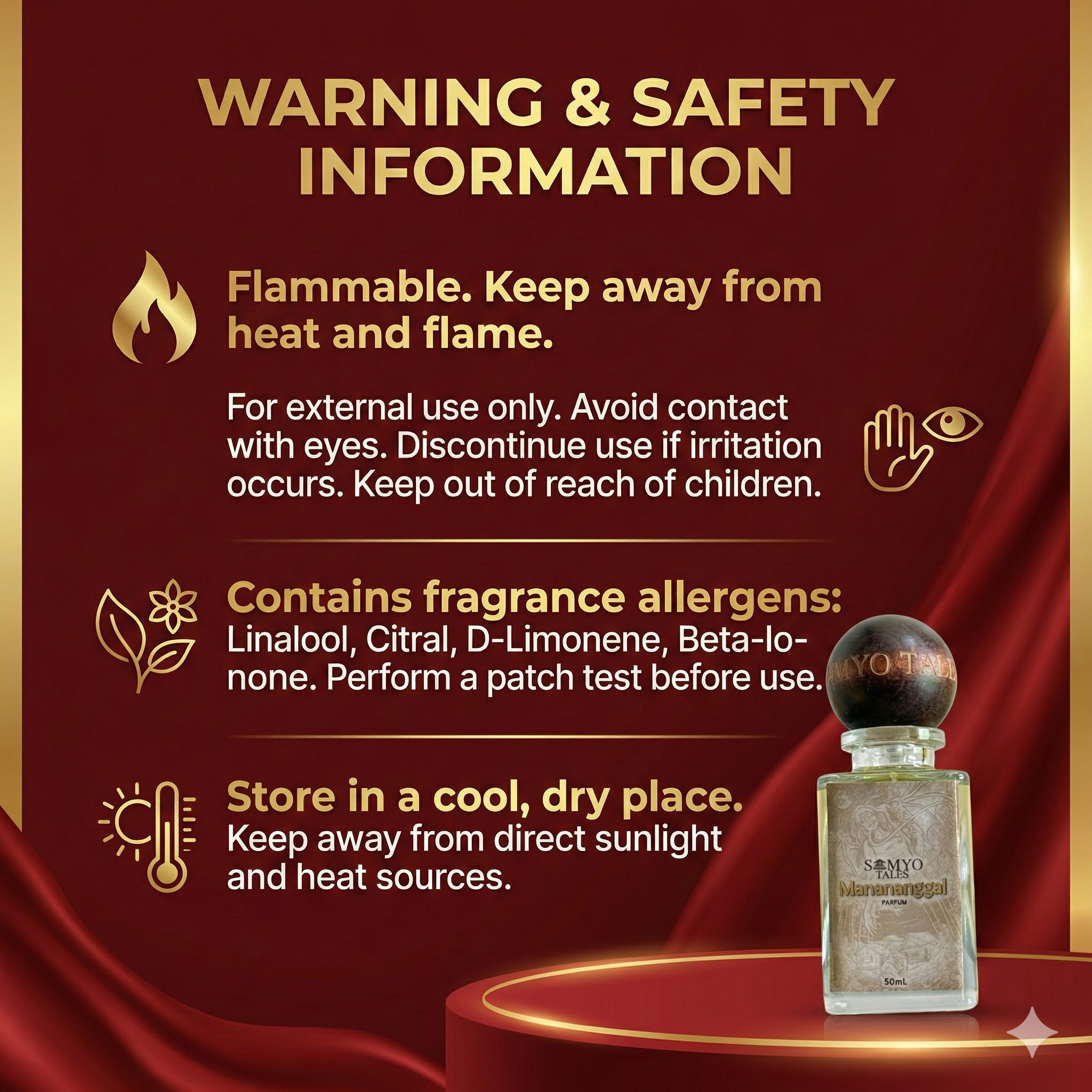 Warning and safety information for a perfume bottle on a red background