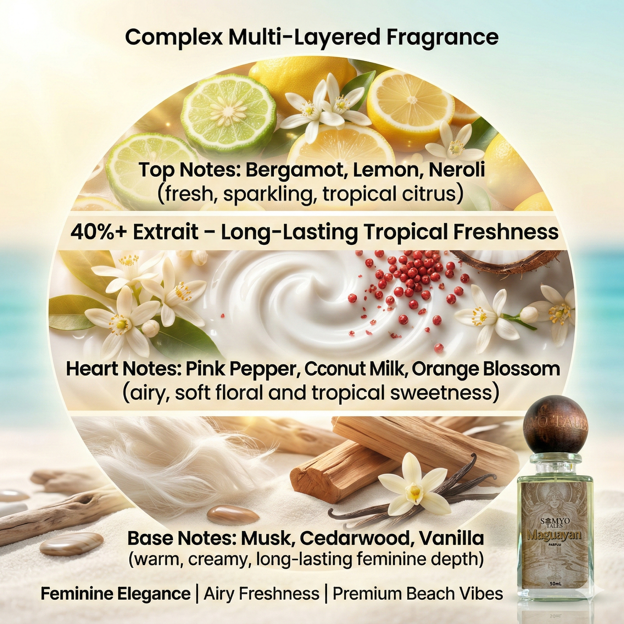 Perfume bottle with flavor notes and ingredients displayed on a scenic background