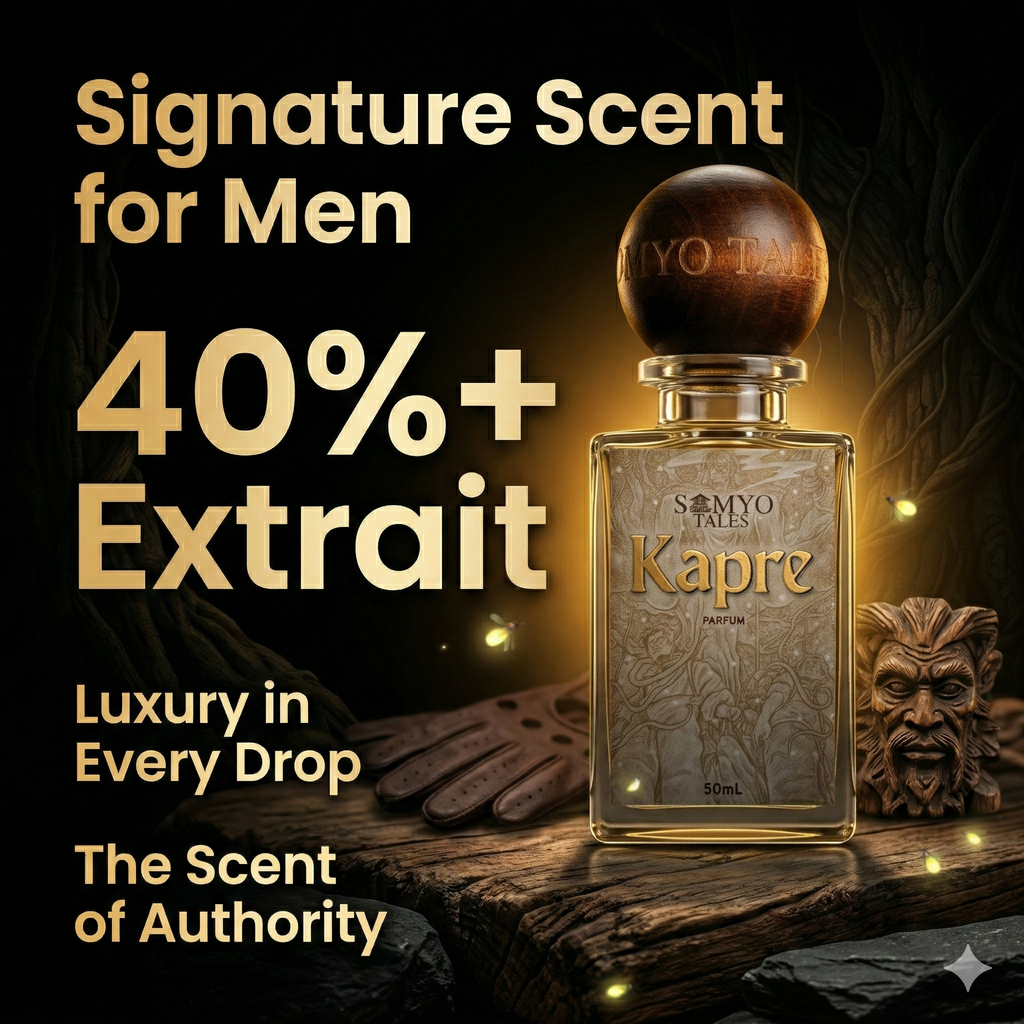 Perfume bottle labeled 'Kapre' with promotional text on a dark background