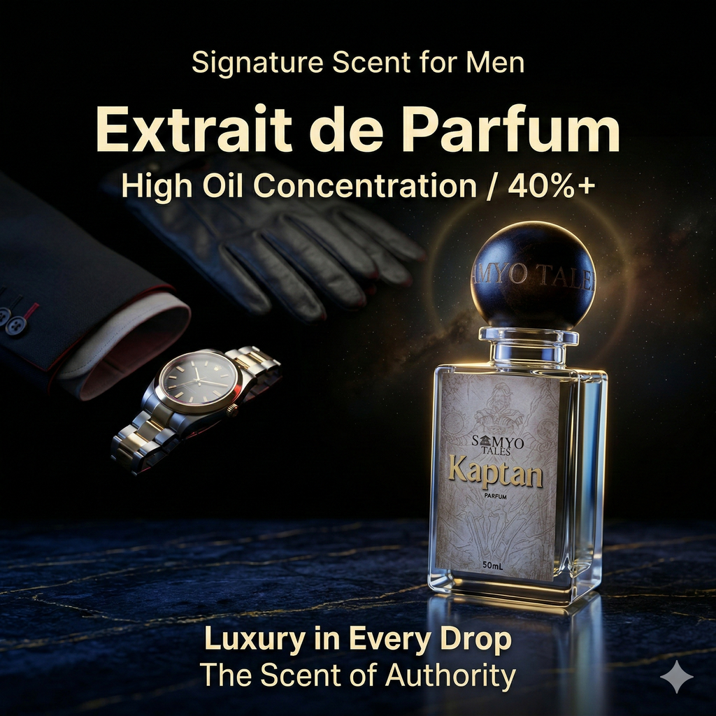 Kaptan Extrait de Parfum bottle with accessories on a dark background