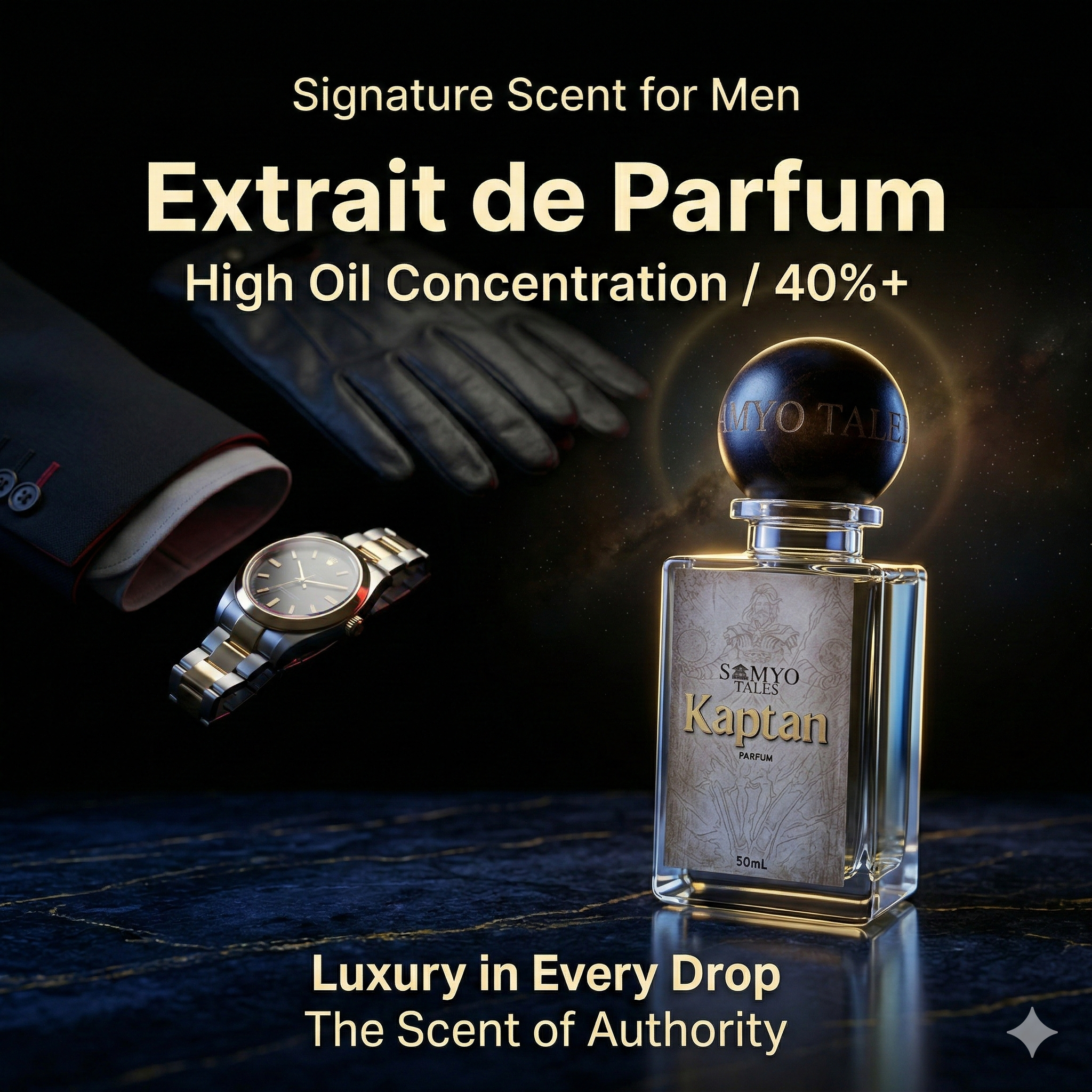 Kaptan Extrait de Parfum bottle with accessories on a dark background