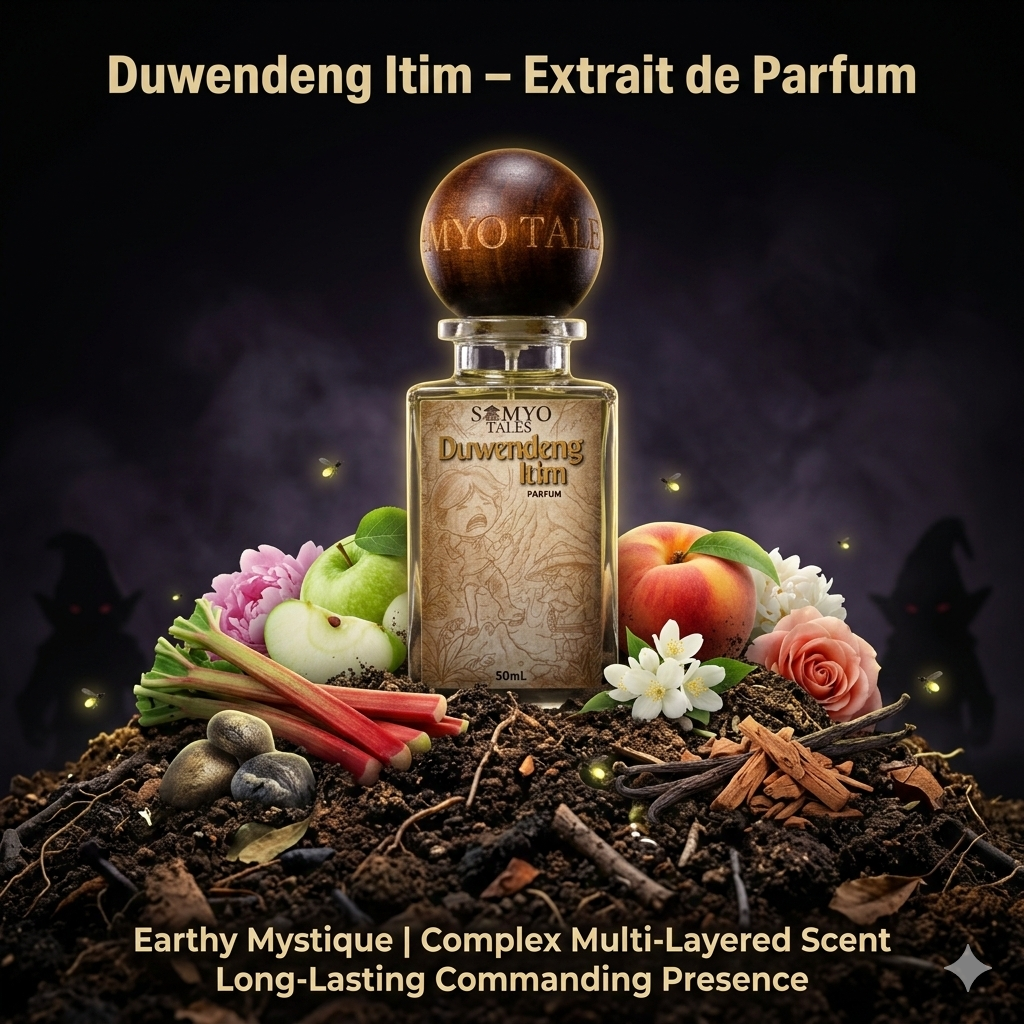 Duwendeng Itim perfume bottle with natural elements on a dark background